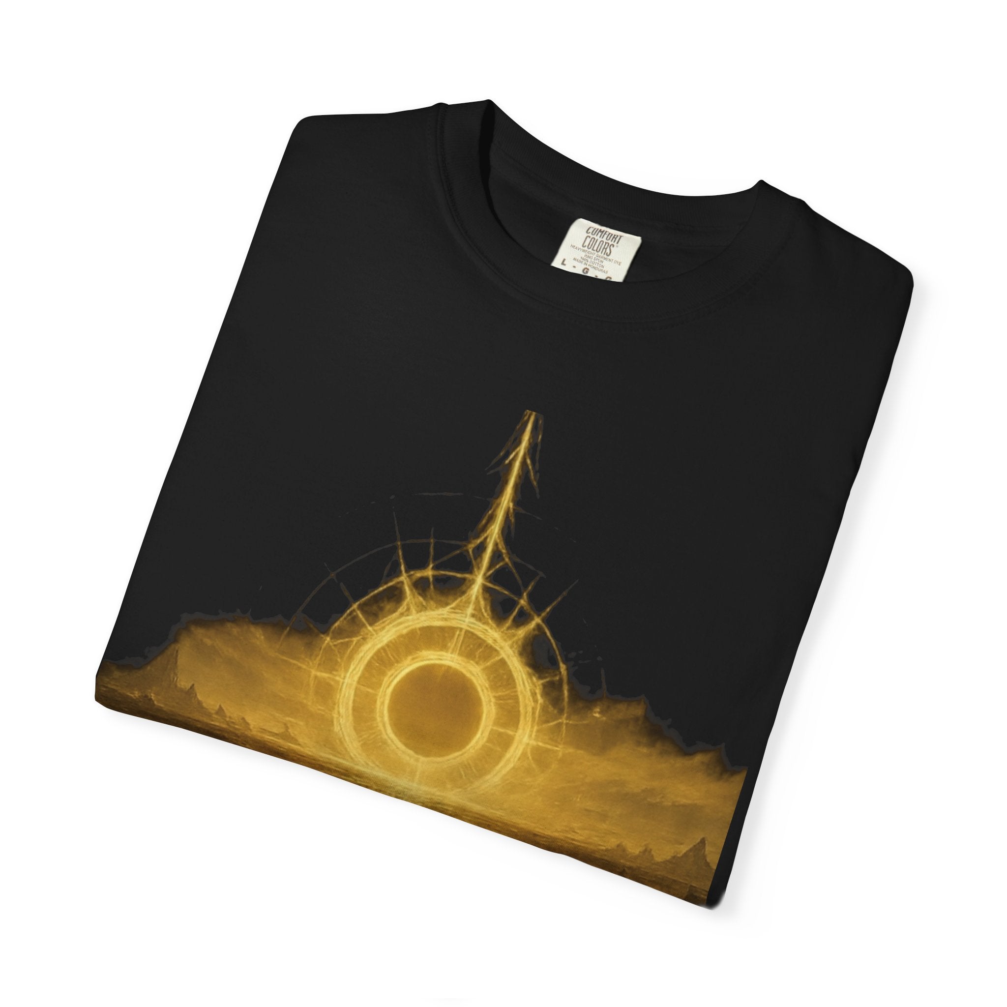 Power Runs Black PRB Golden Eclipse Portal T-shirt | Fantasy Landscape, Mystic Ring, Tower Art by Power Runs Black