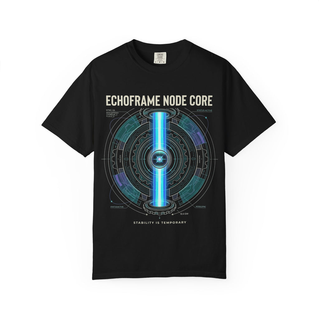 Power Runs Black PRB Echoframe Node Core T-Shirt — Futuristic Tech Graphic Tee by Power Runs Black