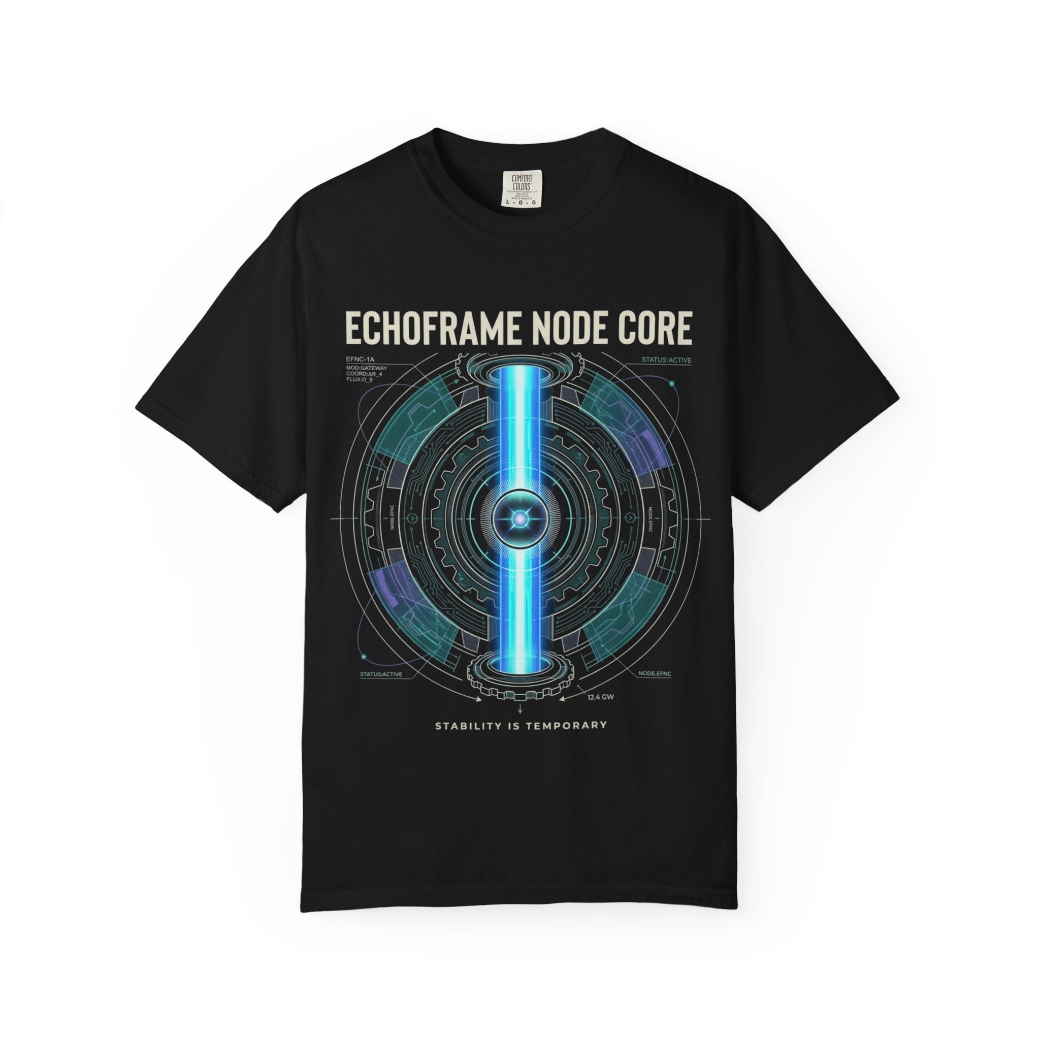Power Runs Black PRB Echoframe Node Core T-Shirt — Futuristic Tech Graphic Tee by Power Runs Black