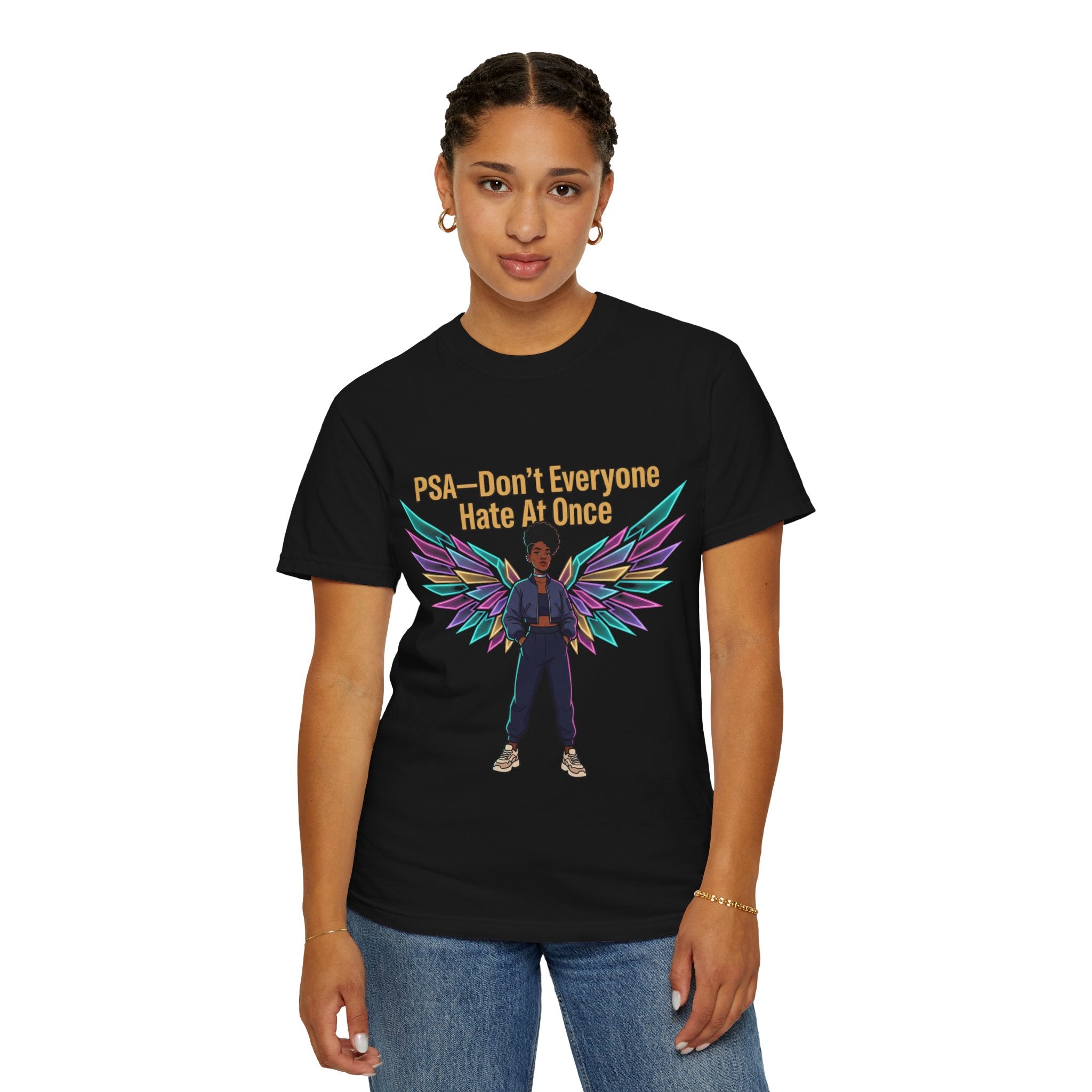 T-Shirt — PSA “Don't Everyone Hate At Once” Angel Wings Graphic Tee by Printify