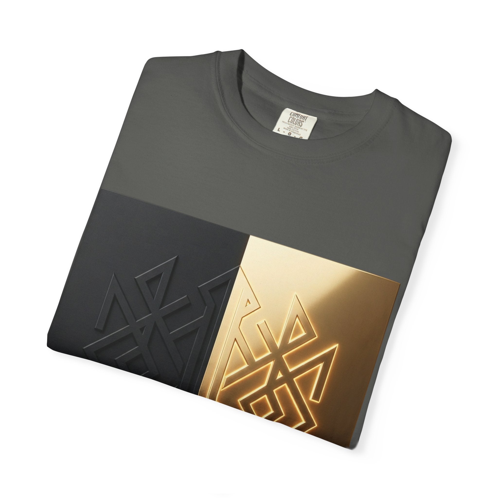 Power Runs Black PRB Geometric Split Glow T-Shirt — Black & Gold Tribal Diamond Graphic by Power Runs Black