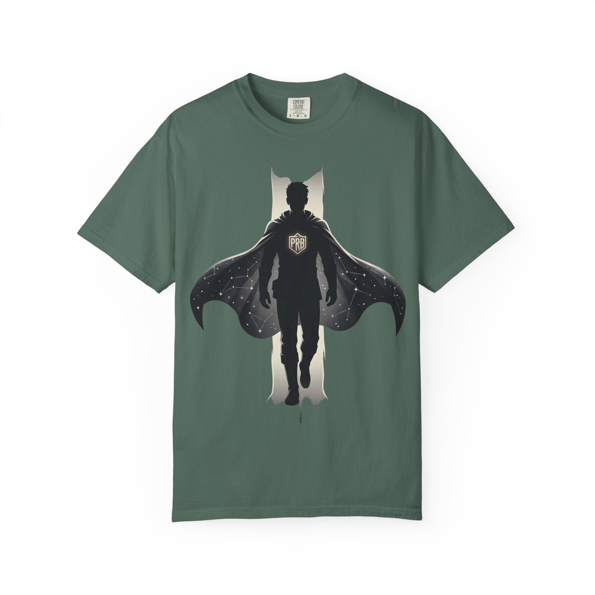 Power Runs Black Silhouette PRB Superhero with Cape T-shirt | Night Sky Emblem, Graphic Tee by Printify
