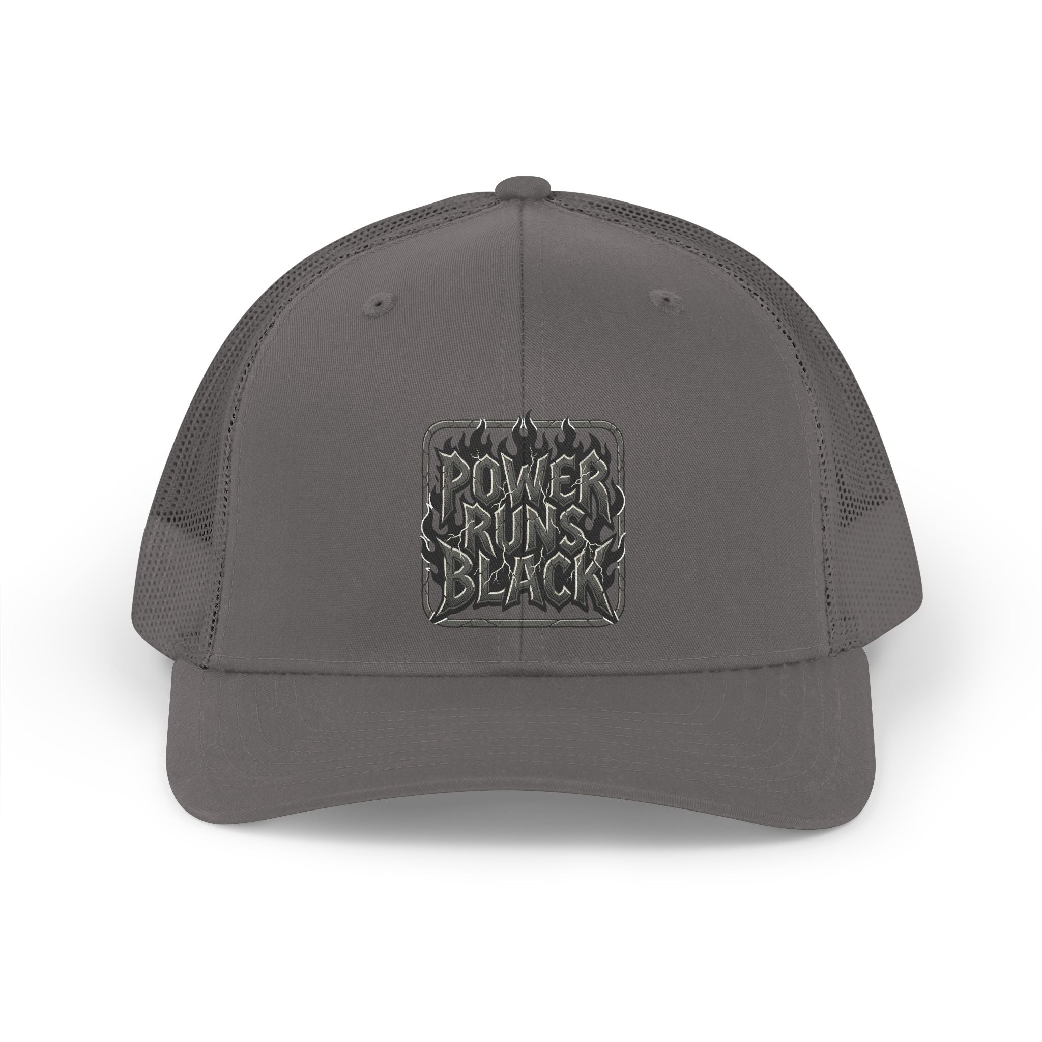 Power Runs Black Retro Flame Patch Trucker Hat | Snapback Mesh Cap by Printify
