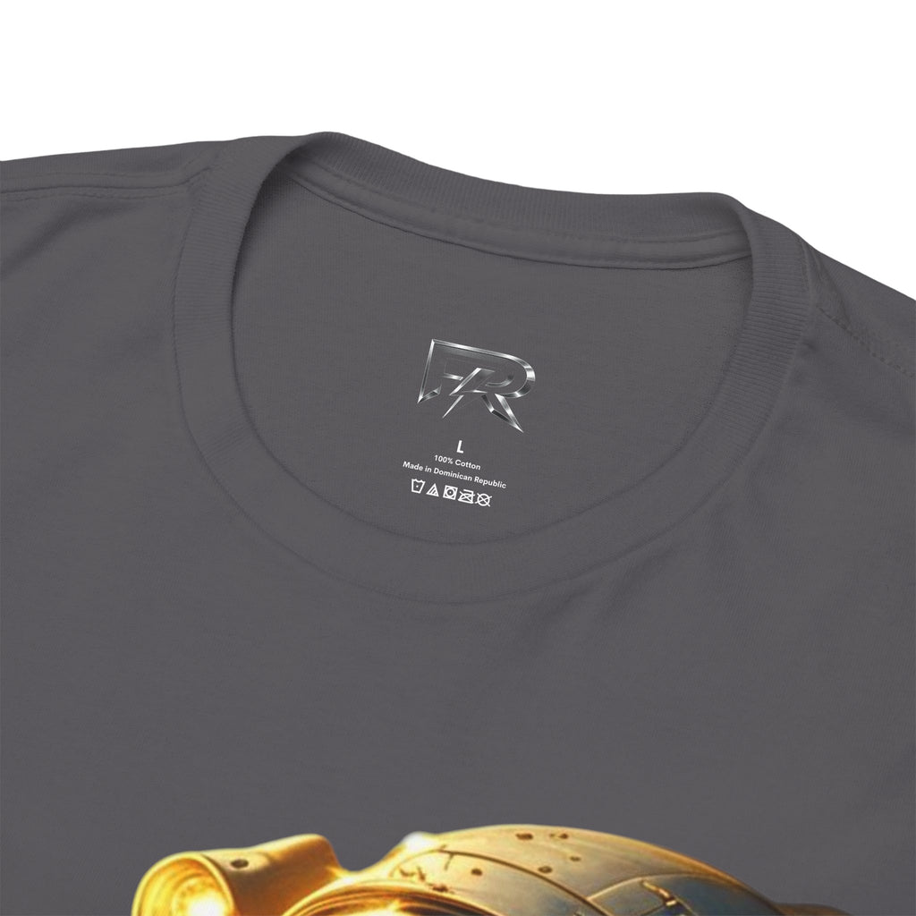 Power Runs Black PRB Golden Astronaut Portrait T-Shirt | Space Helmet Art, Cosmic Lights by Printify