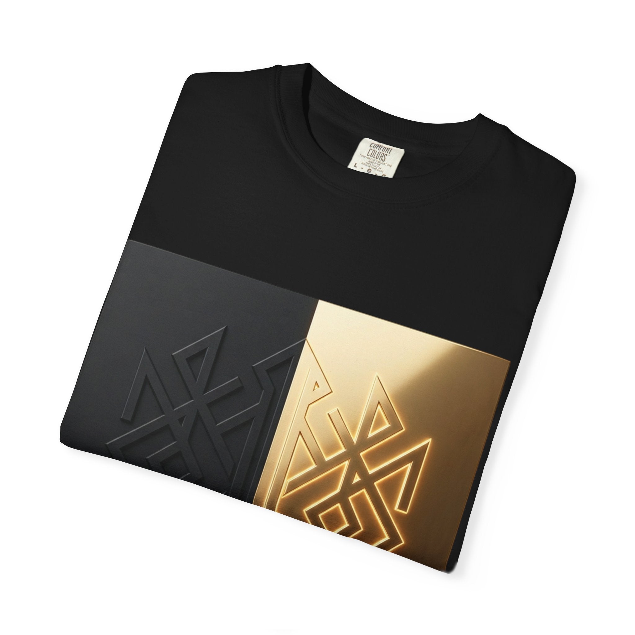 Power Runs Black PRB Geometric Split Glow T-Shirt — Black & Gold Tribal Diamond Graphic by Power Runs Black
