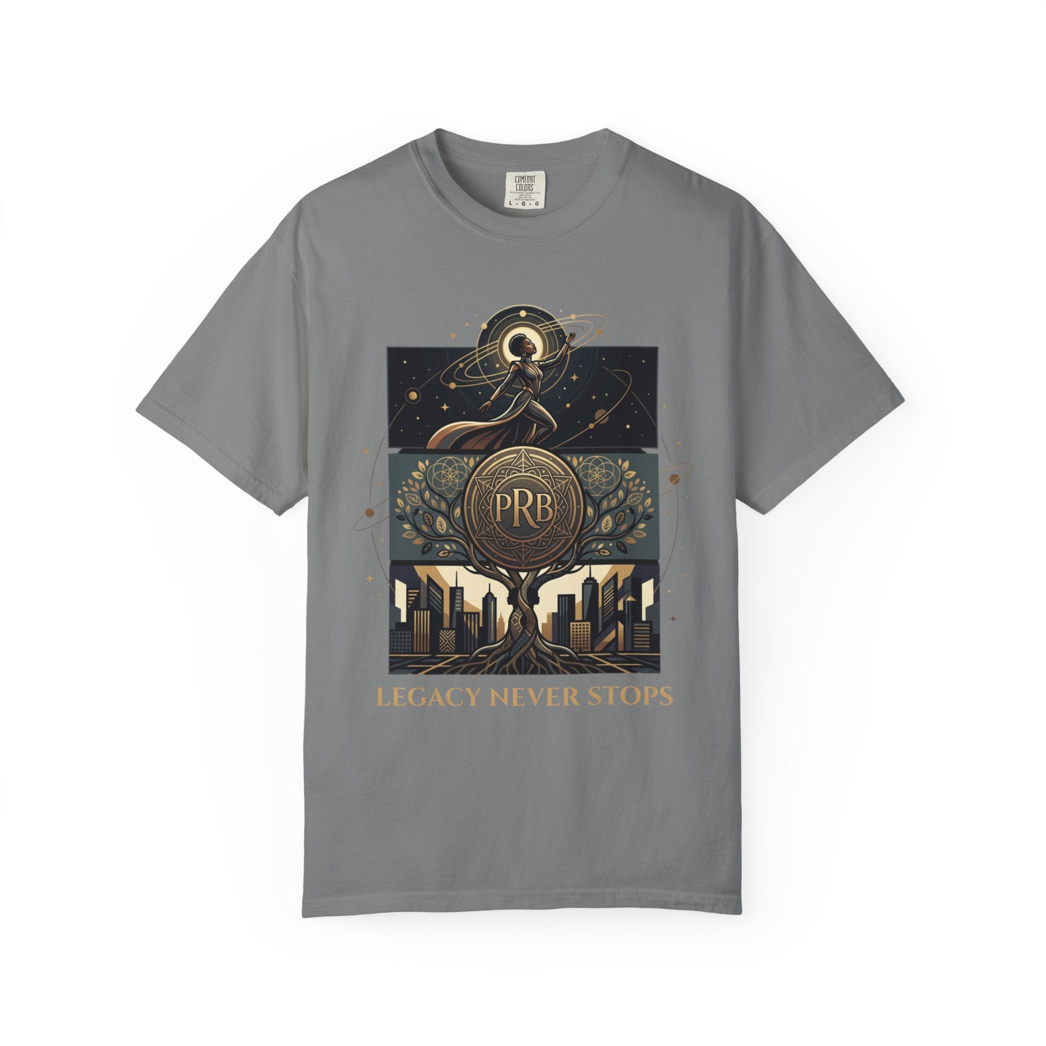 PRB Legacy Never Stops Graphic T-Shirt | Art Deco City Skyline Tee by Printify