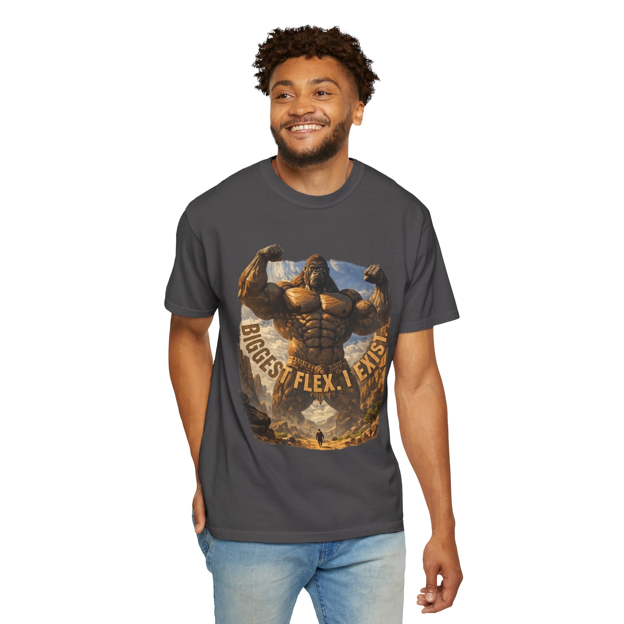 Power Runs Black PRB Biggest Flex I Exist T-Shirt — Funny Muscle Gorilla Graphic Tee by Printify