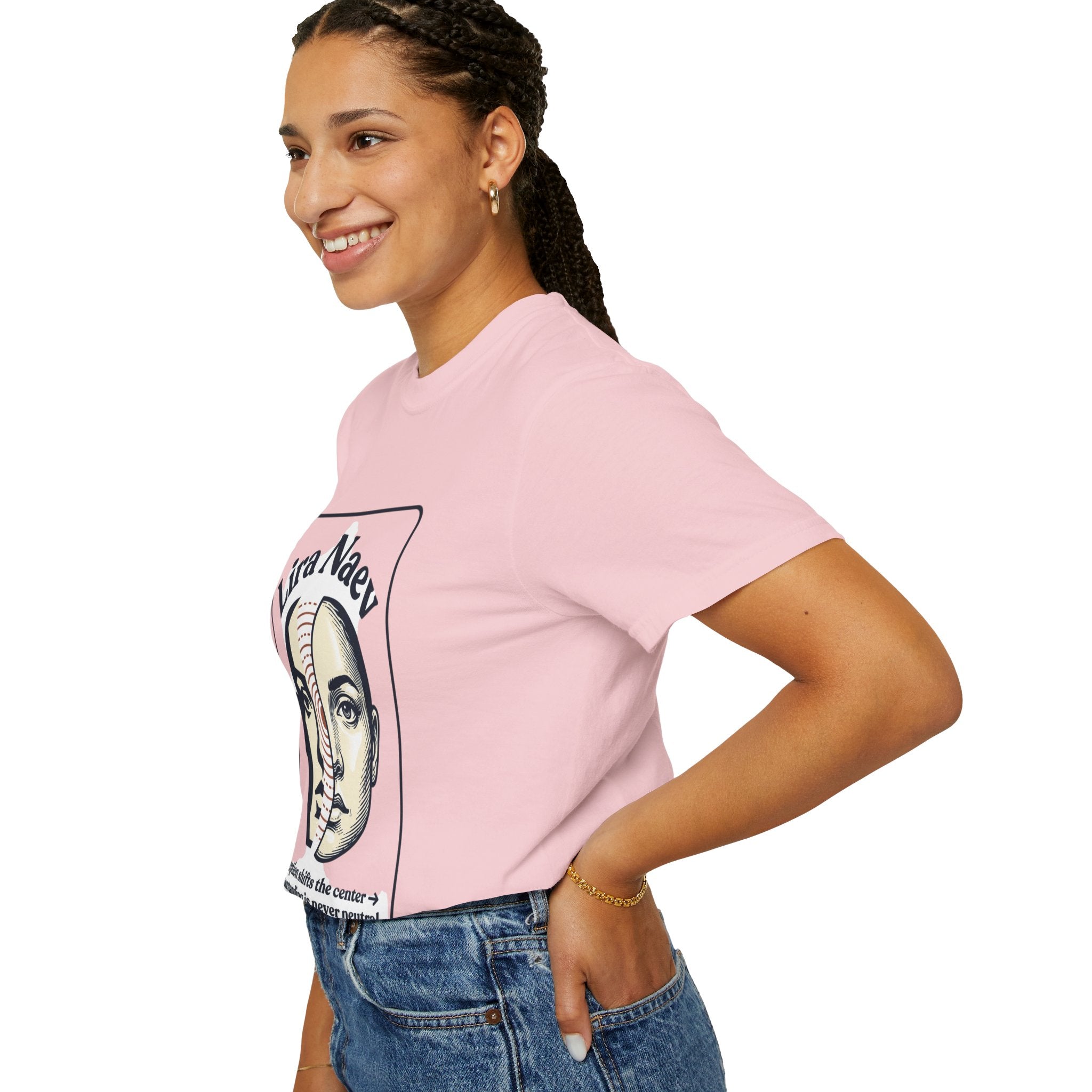 Power Runs Black PRB Lira Naev Split-Face Graphic T-Shirt — “Perception shifts the center” Statement Tee by Printify