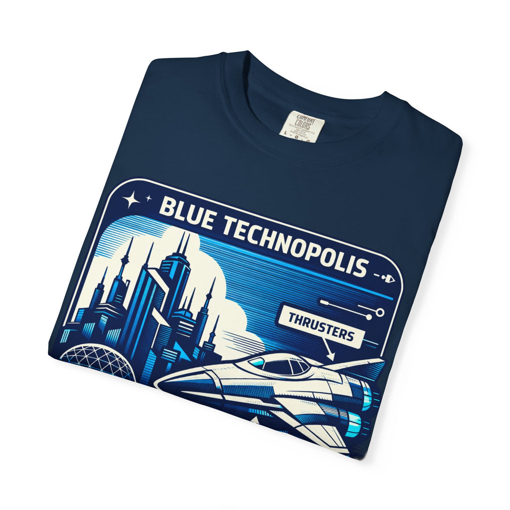Power Runs Black PRB Technopolis Spacecraft T-Shirt — Blue Technopolis Retro Sci‑Fi Tee by Power Runs Black