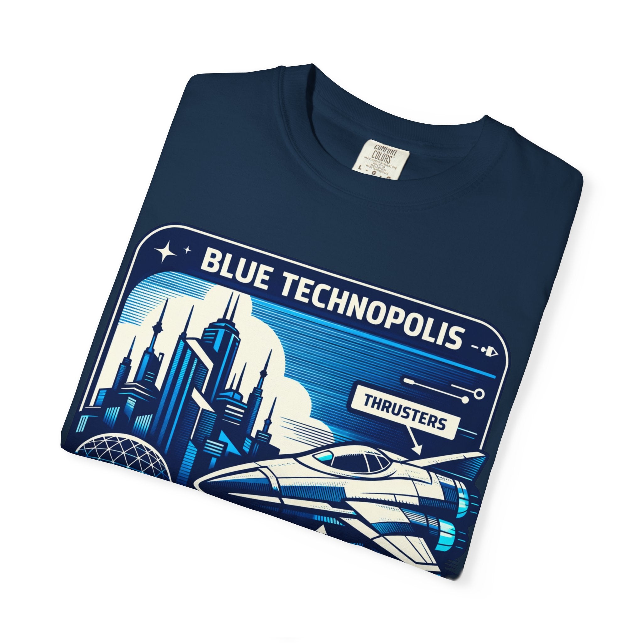 Power Runs Black PRB Technopolis Spacecraft T-Shirt — Blue Technopolis Retro Sci‑Fi Tee by Power Runs Black