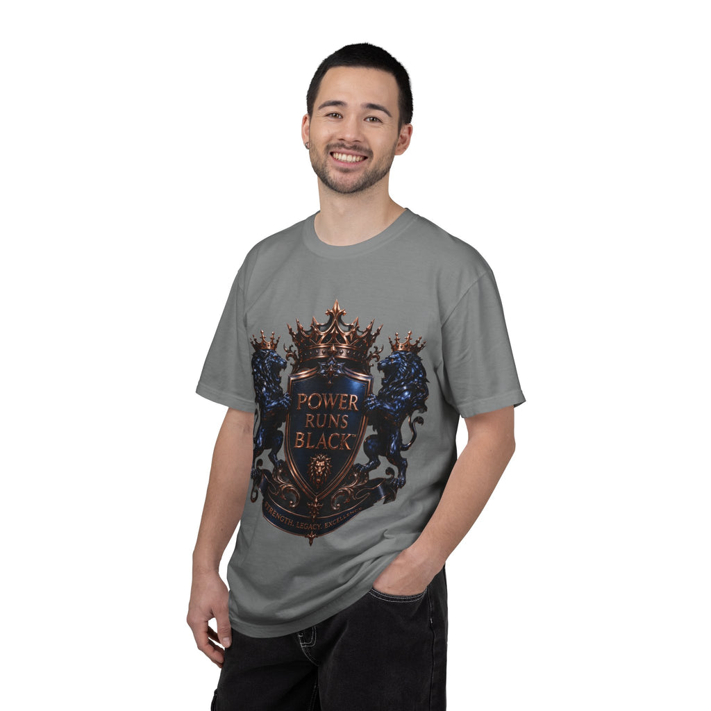 Power Runs Black Crest T-shirt | Heraldic Lion Shield Tee by Power Runs Black