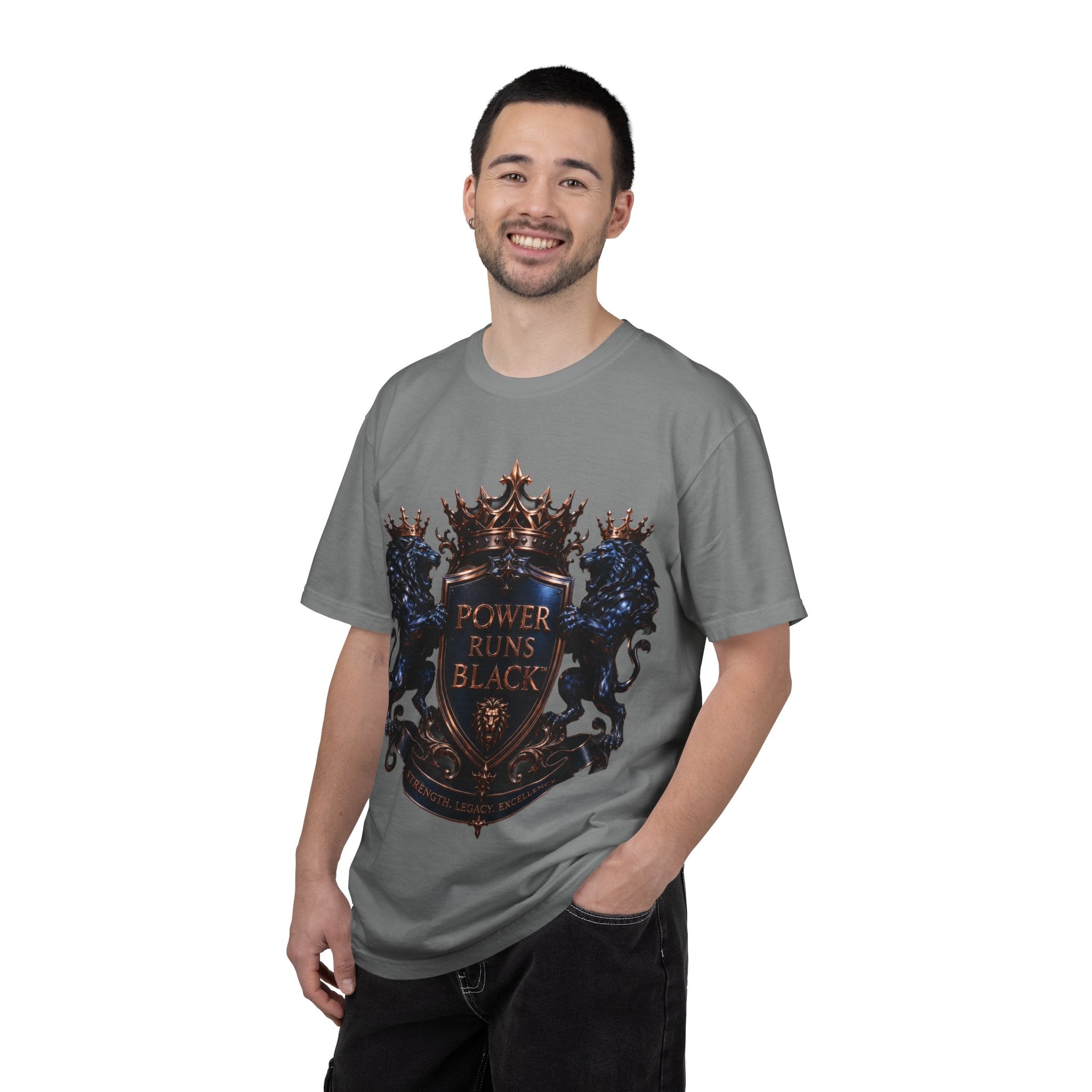 Power Runs Black Crest T-shirt | Heraldic Lion Shield Tee by Power Runs Black