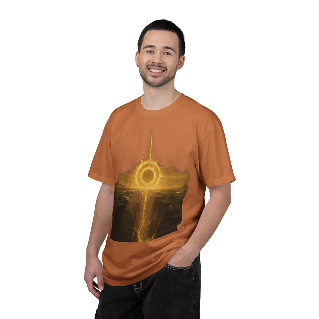 Power Runs Black PRB Golden Eclipse Portal T-shirt | Fantasy Landscape, Mystic Ring, Tower Art by Power Runs Black