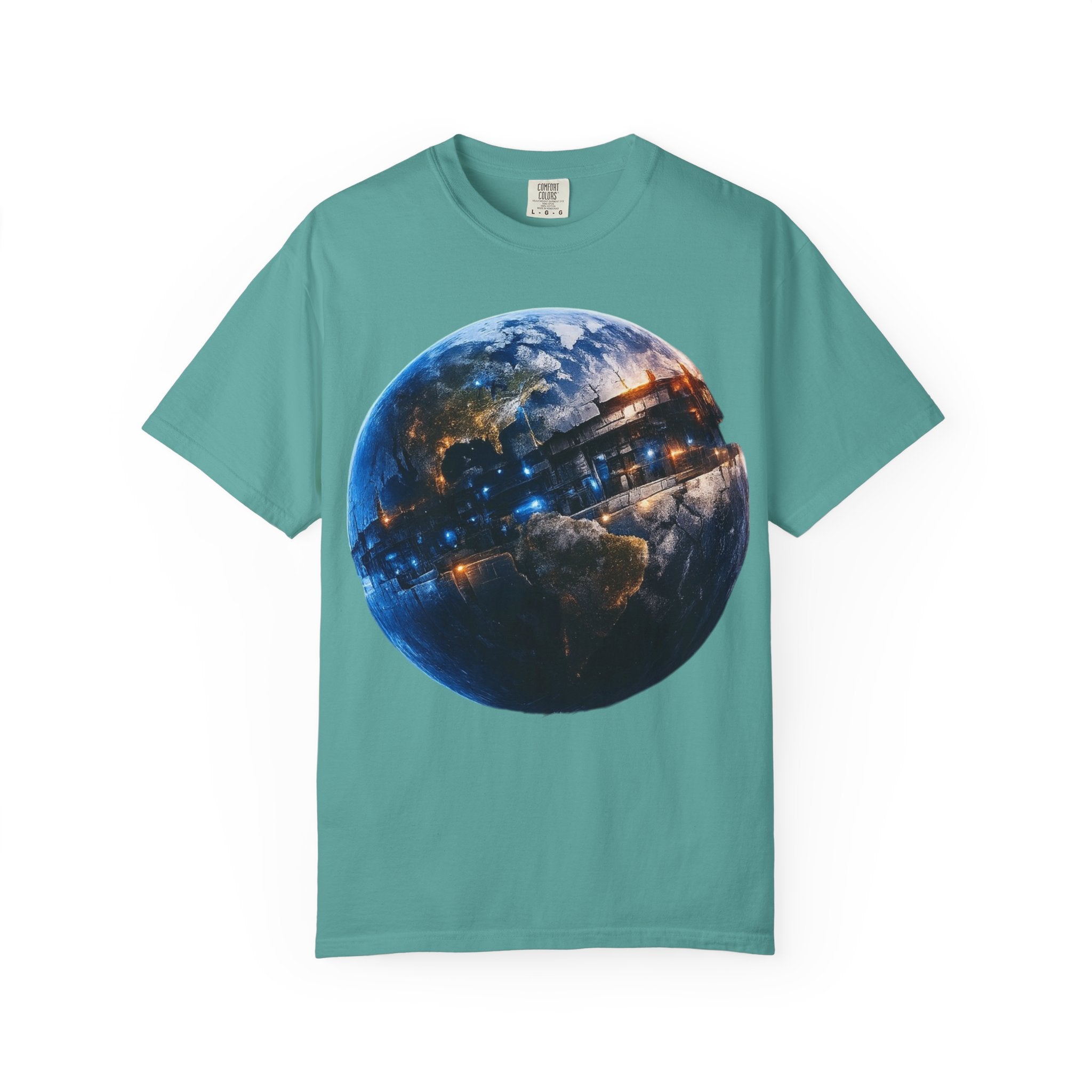 PRB Cityscape Globe T-shirt | Nighttime Earth Illustration, Urban Lights by Power Runs Black