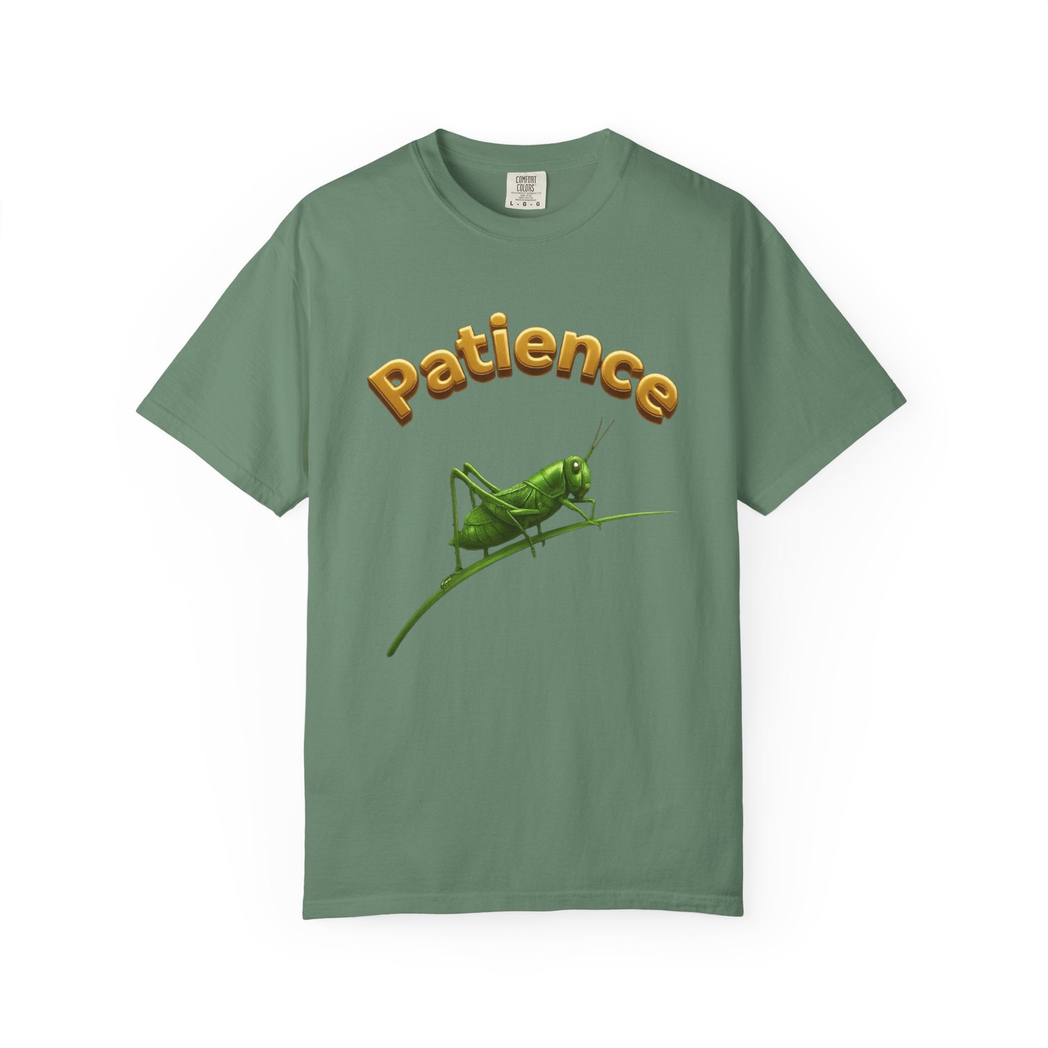 PRB Patience Grasshopper T-shirt | Green Grasshopper Illustration, Positive Quote by Power Runs Black