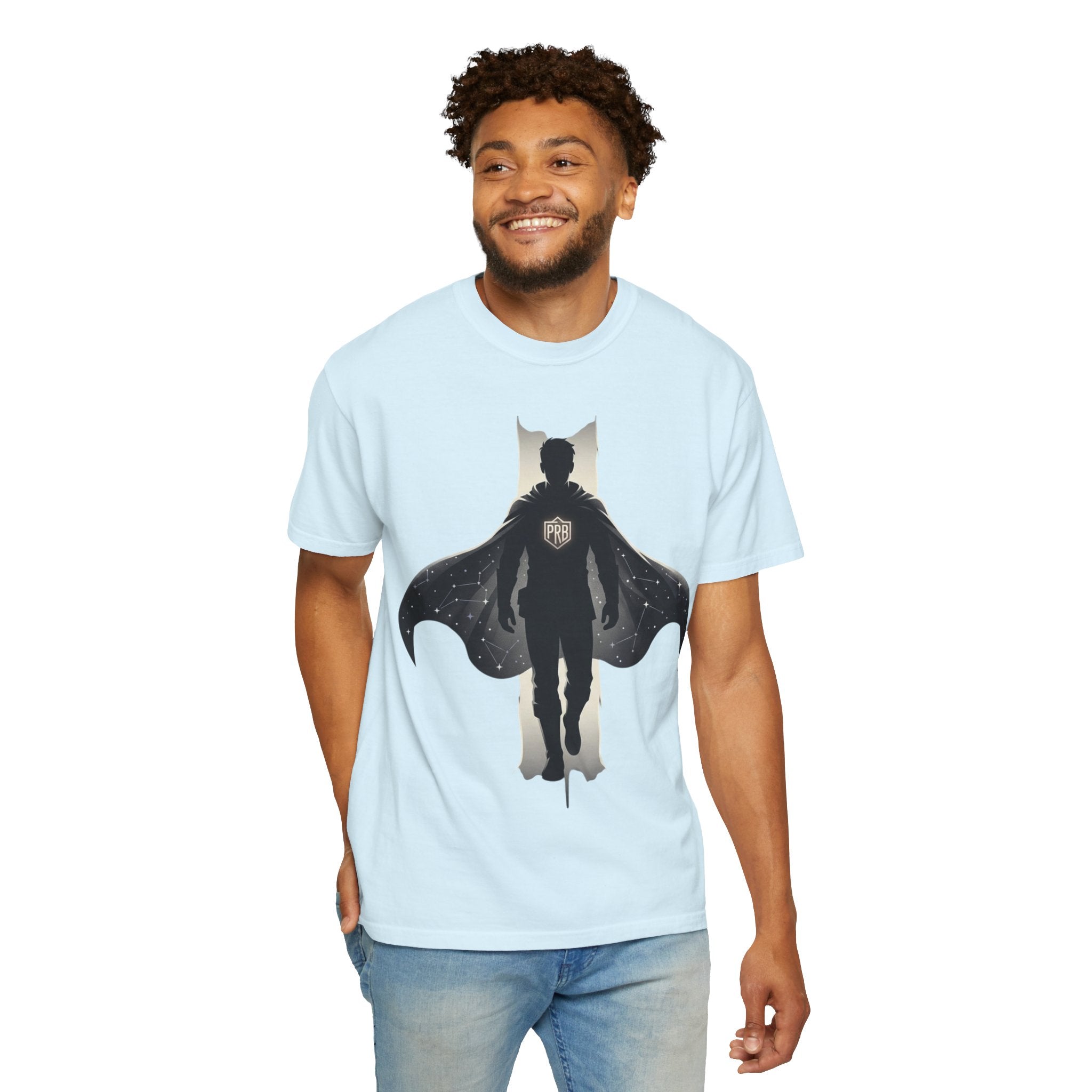 Power Runs Black Silhouette PRB Superhero with Cape T-shirt | Night Sky Emblem, Graphic Tee by Printify