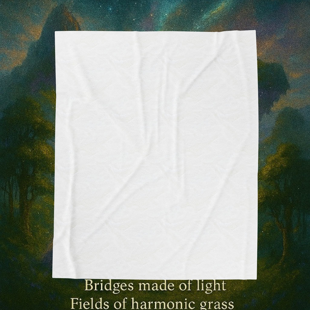 PRB Realm of Connection velveteen plush blanket | ethereal landscape, light bridges, healing text by Power Runs Black