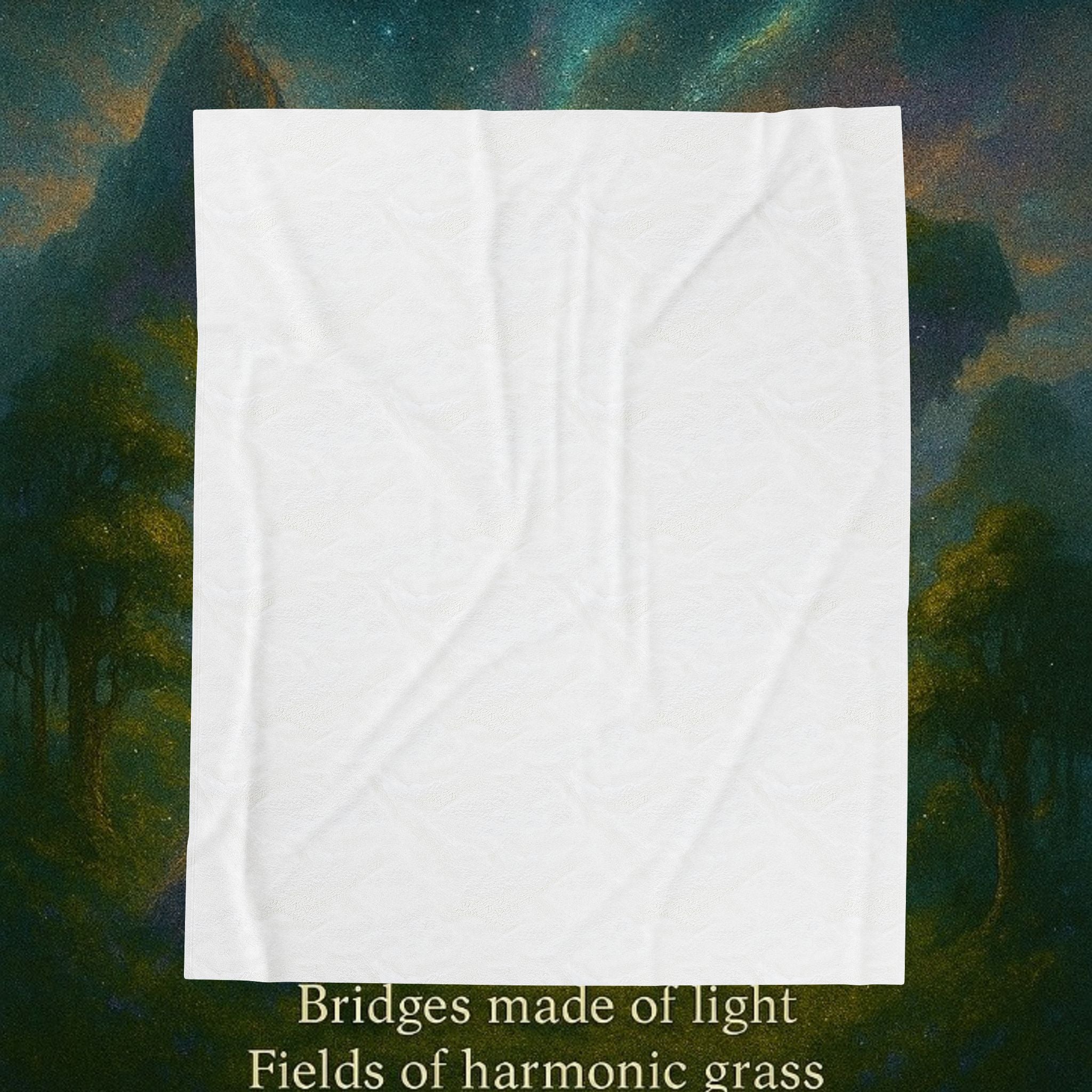 PRB Realm of Connection velveteen plush blanket | ethereal landscape, light bridges, healing text by Power Runs Black