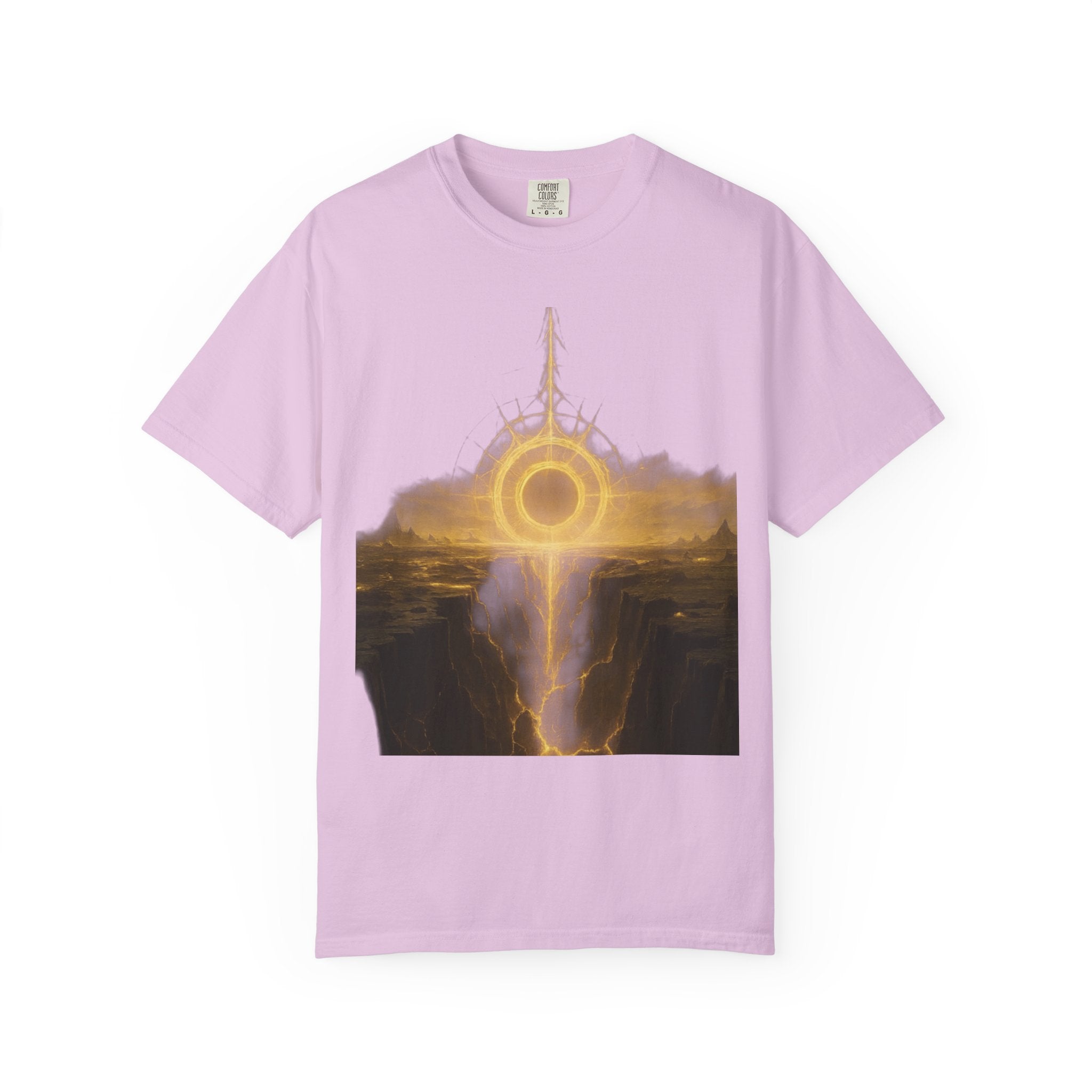 Power Runs Black PRB Golden Eclipse Portal T-shirt | Fantasy Landscape, Mystic Ring, Tower Art by Power Runs Black