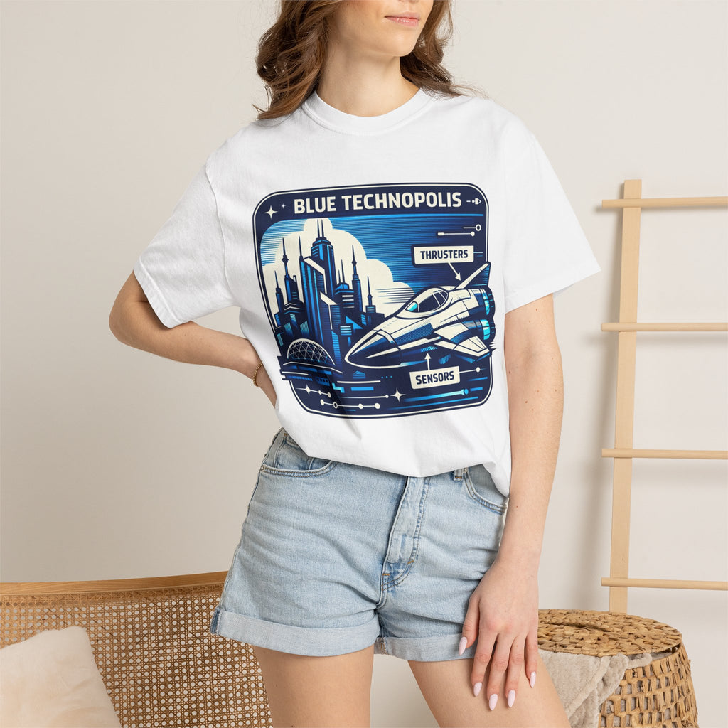 Power Runs Black PRB Technopolis Spacecraft T-Shirt — Blue Technopolis Retro Sci‑Fi Tee by Power Runs Black