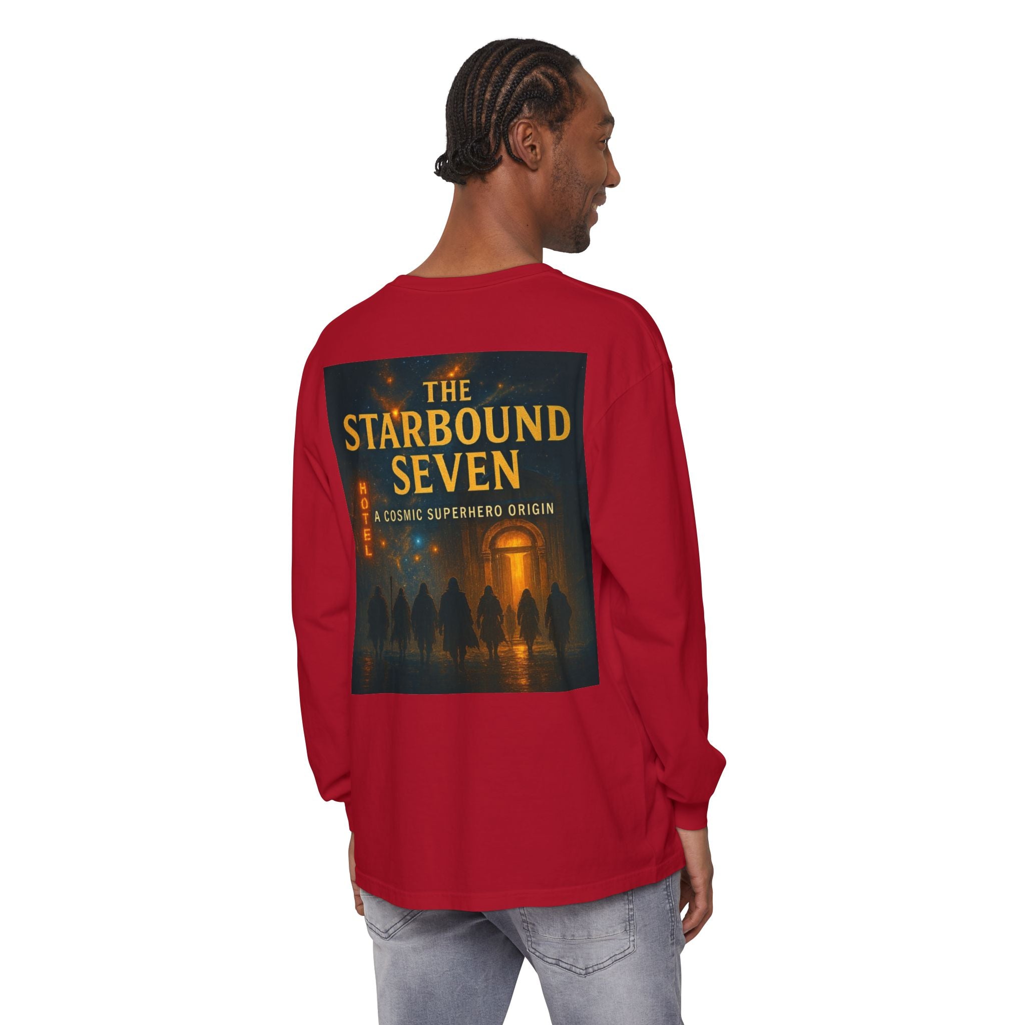PRB The Starbound Seven graphic long sleeve shirt | cosmic superhero poster by Power Runs Black