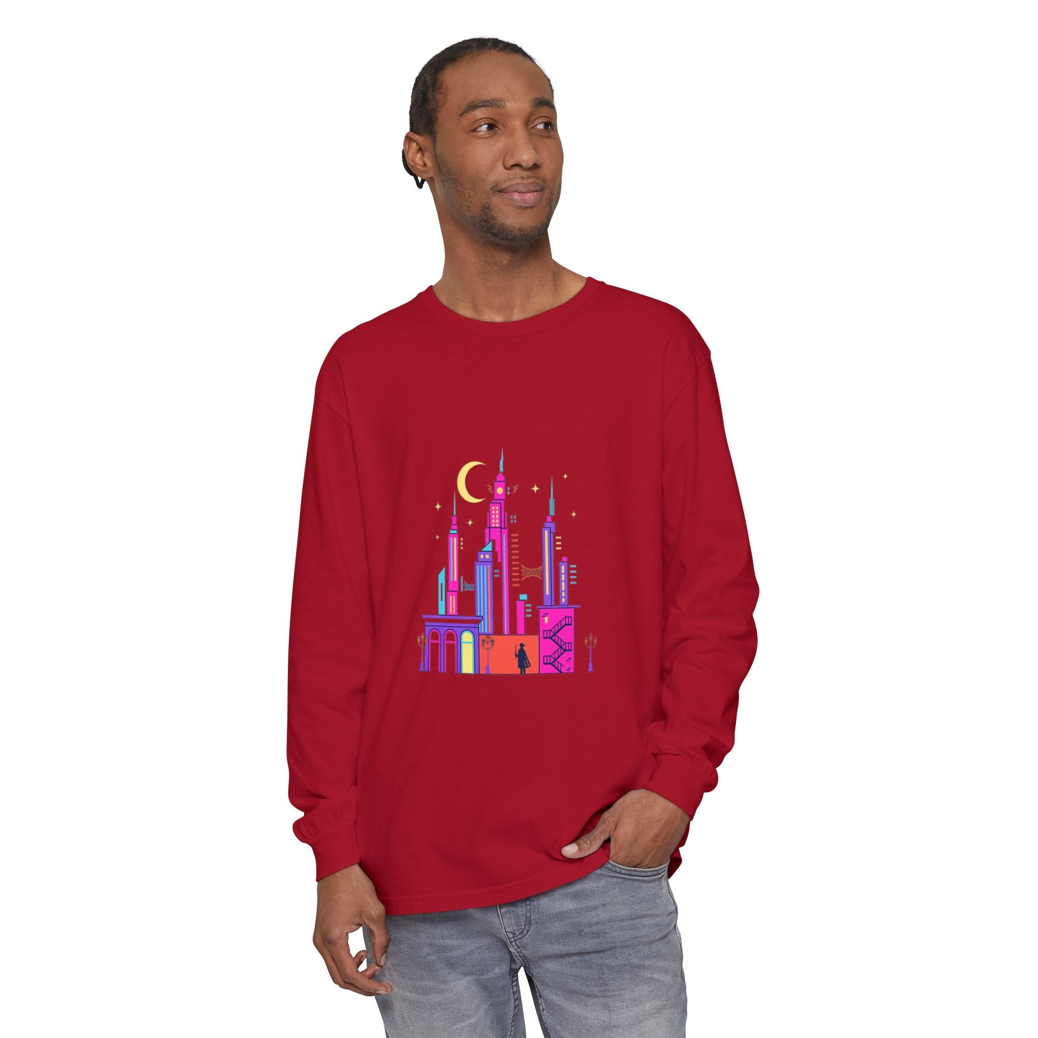 PRB Neon City Skyline Long Sleeve Shirt | Urban Nightscape Illustration by Power Runs Black