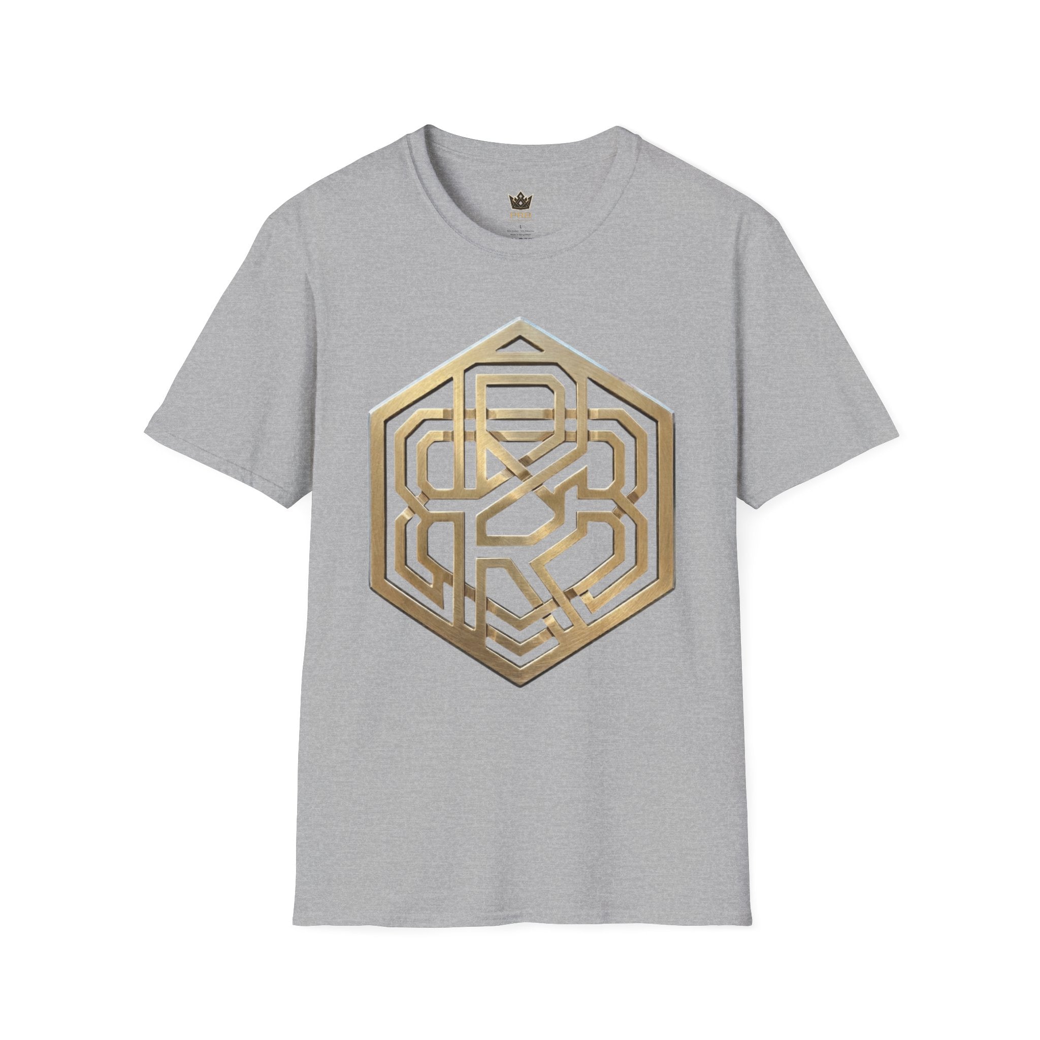 Power Runs Black PRB Geometric Gold Hexagon T-Shirt — Modern Maze Logo Tee by Printify