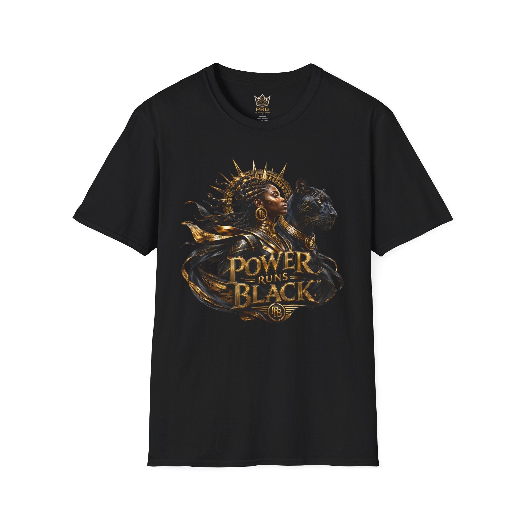 Power Runs Black PRB | Black Woman Portrait, Gold Accents Panther Graphics T by Printify