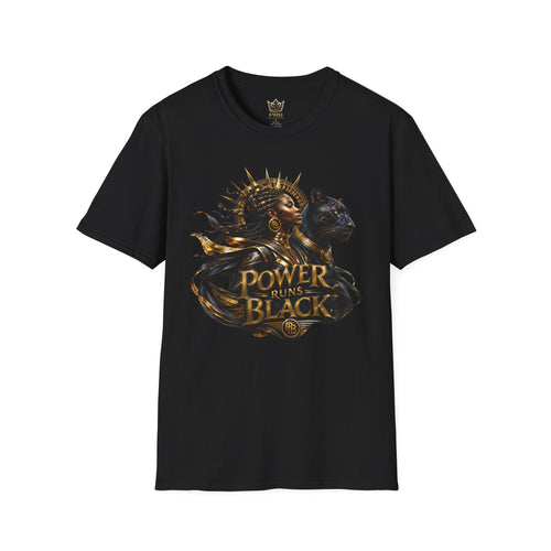 Power Runs Black PRB | Black Woman Portrait, Gold Accents Panther Graphics T by Printify