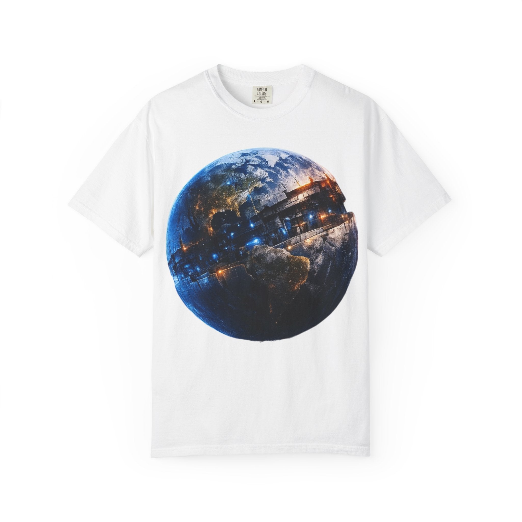 PRB Cityscape Globe T-shirt | Nighttime Earth Illustration, Urban Lights by Power Runs Black