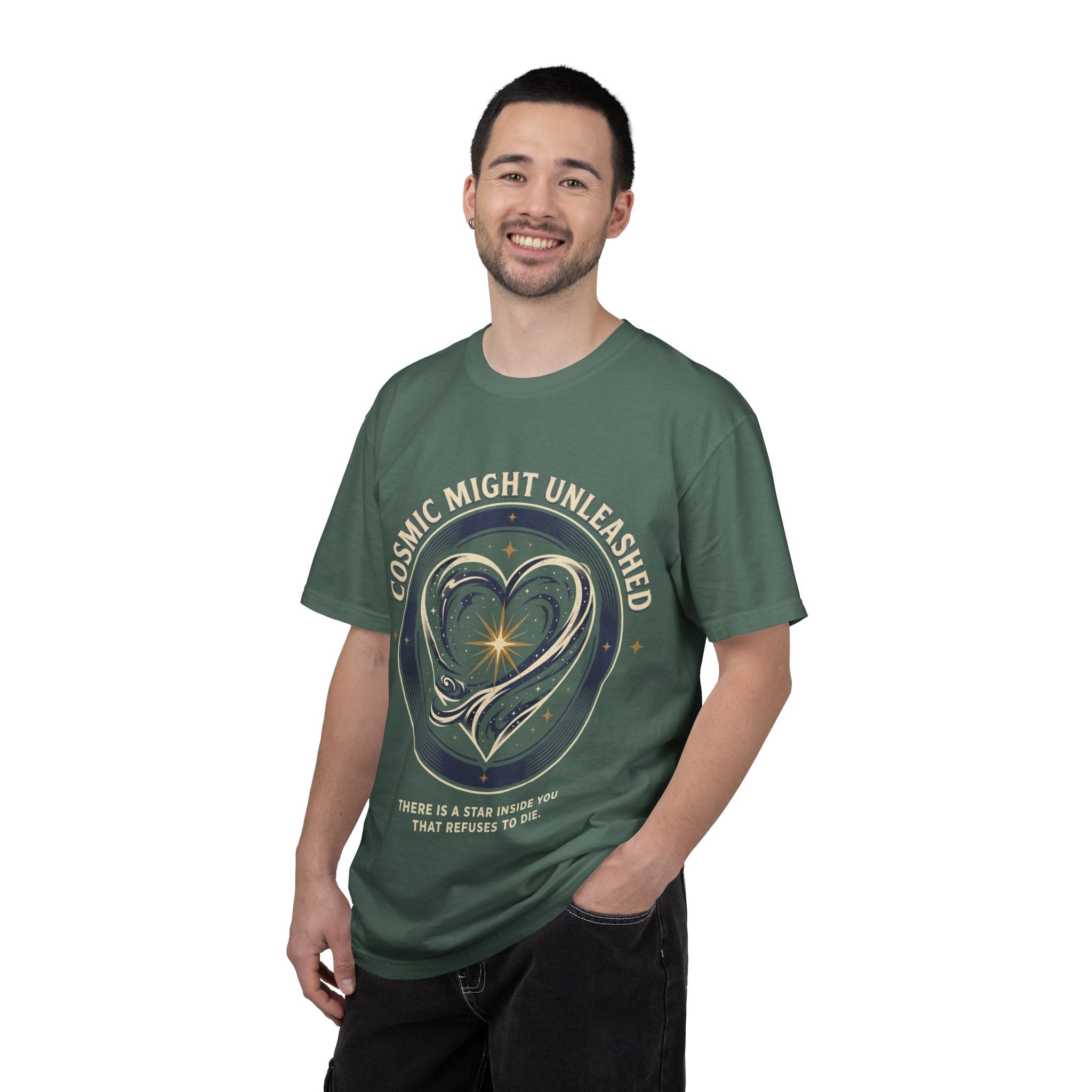 PRB Starforged Flex Cosmic Might Unleashed Heart Graphic T-Shirt — "Cosmic Might Unleashed" Astral Design by Power Runs Black