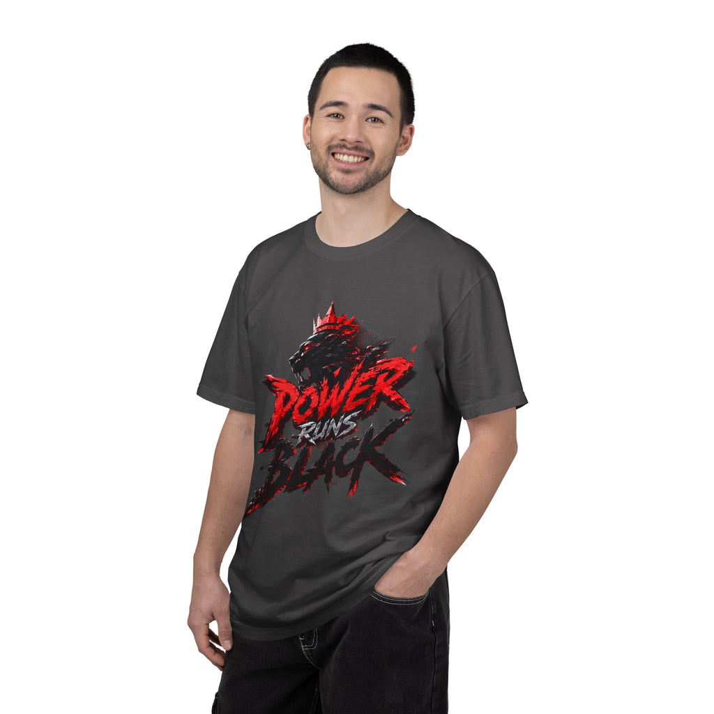 Power Runs Black T-shirt | Wolf Silhouette, Red Black Graphic Tee by Power Runs Black
