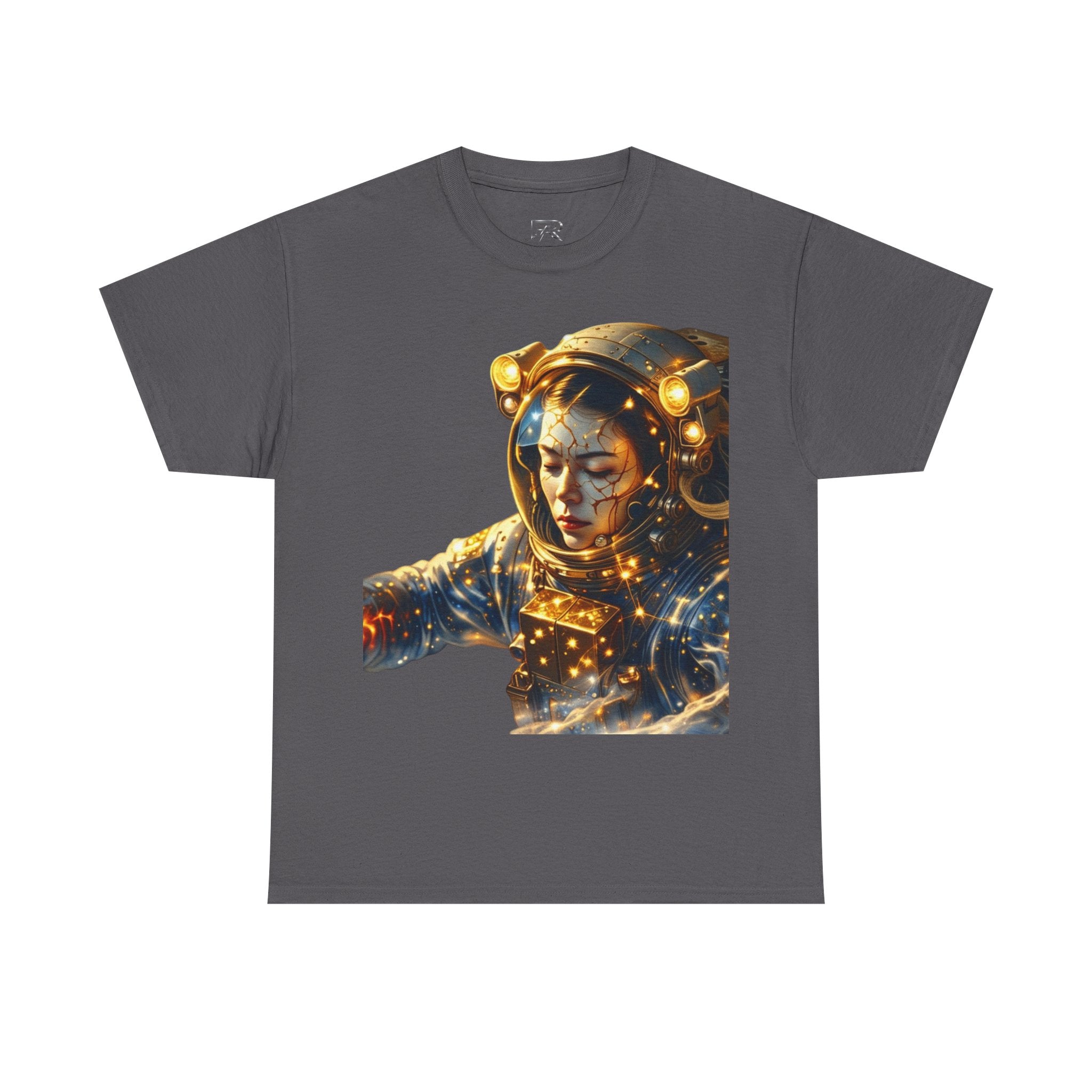 Power Runs Black PRB Golden Astronaut Portrait T-Shirt | Space Helmet Art, Cosmic Lights by Printify