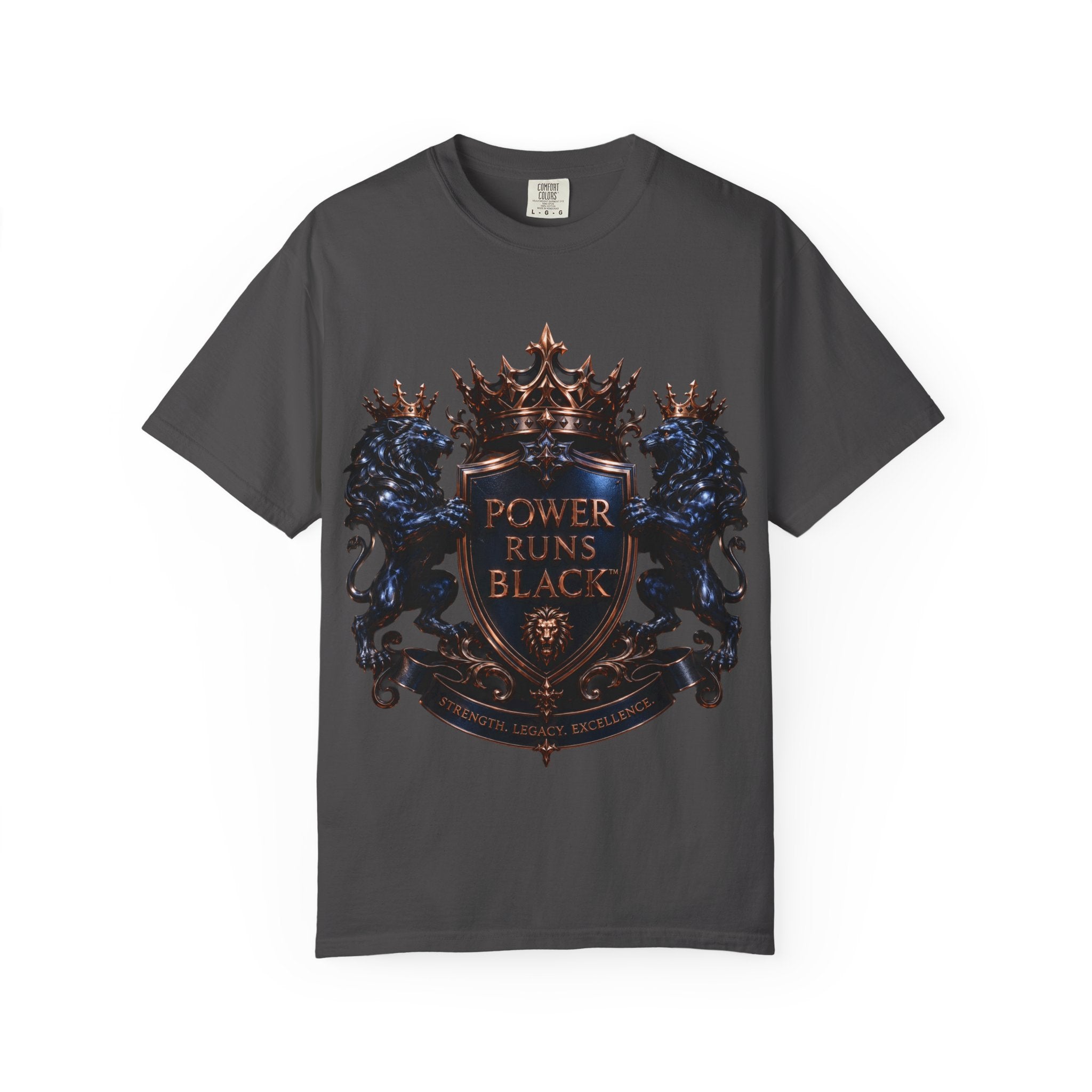 Power Runs Black Crest T-shirt | Heraldic Lion Shield Tee by Power Runs Black