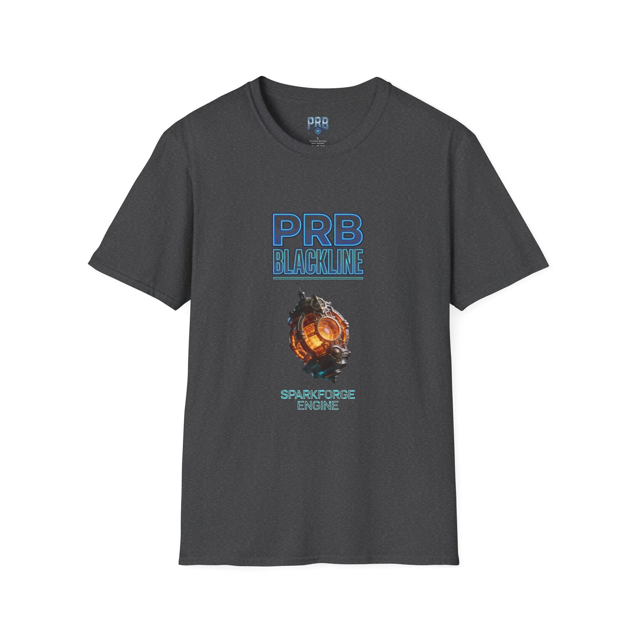 PRB Blackline Sparkforge Engine T‑Shirt — Sci‑Fi Mechanical Graphic Tee by Power Runs Black