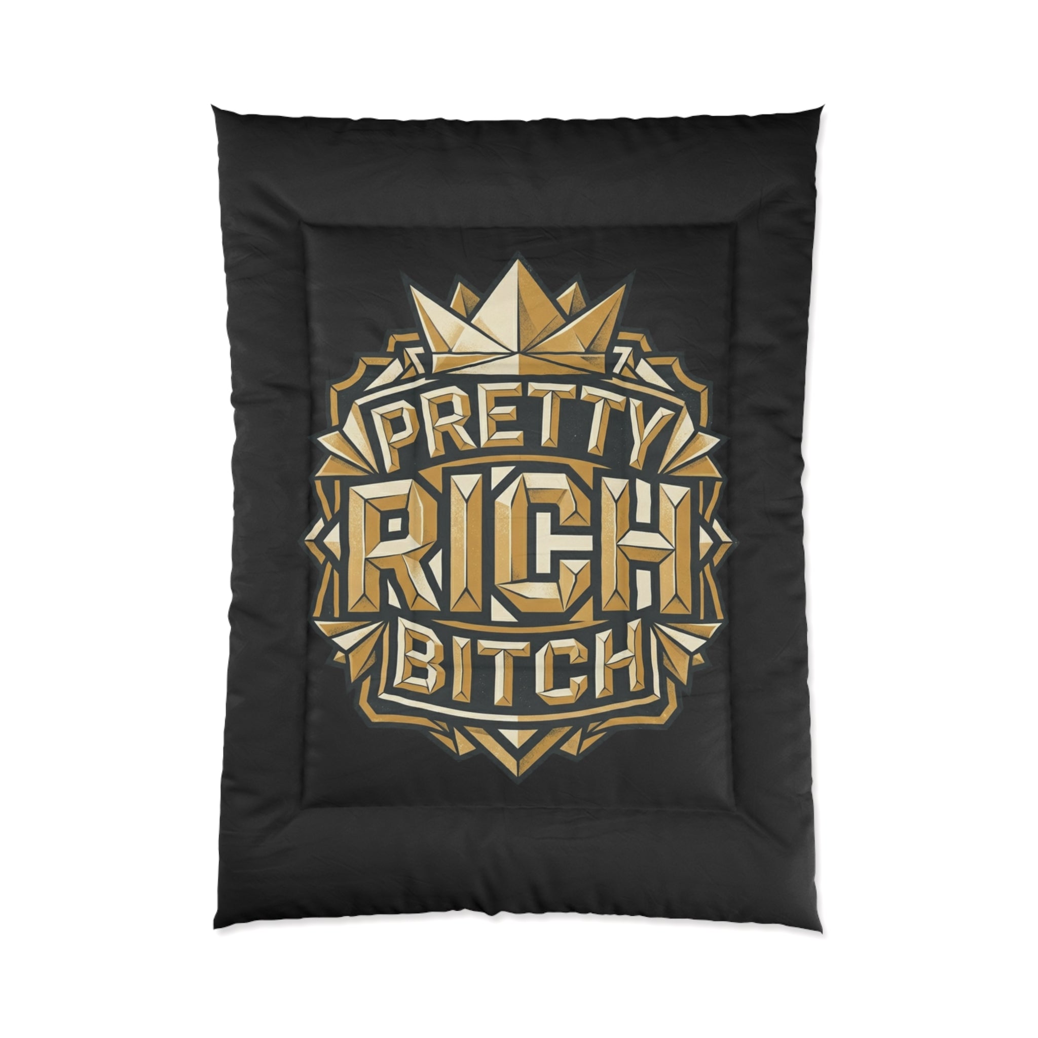 PRB Pretty Rich Bitch Comforter — Bold Gold Art Deco Luxe Bedding by Power Runs Black