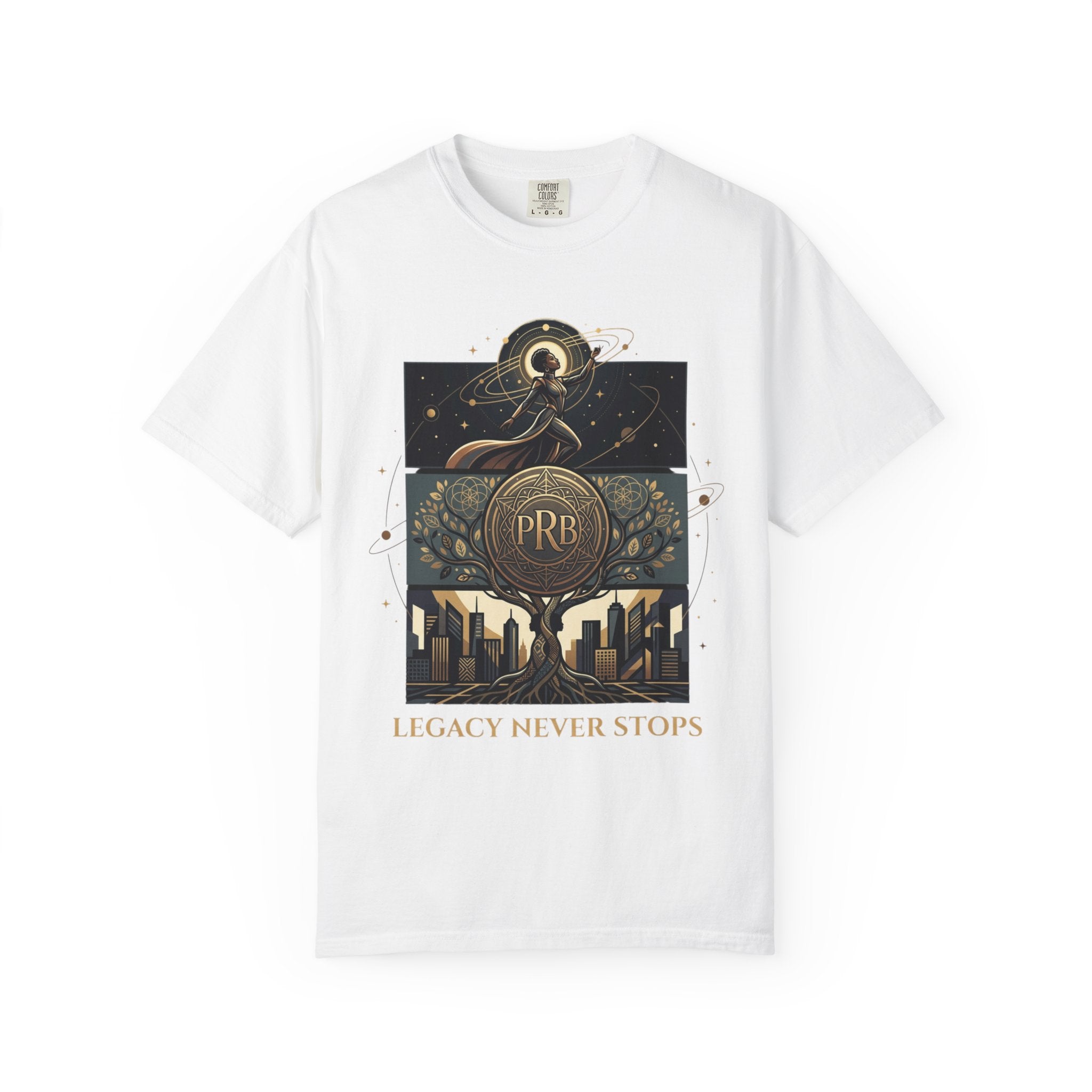 PRB Legacy Never Stops Graphic T-Shirt | Art Deco City Skyline Tee by Printify