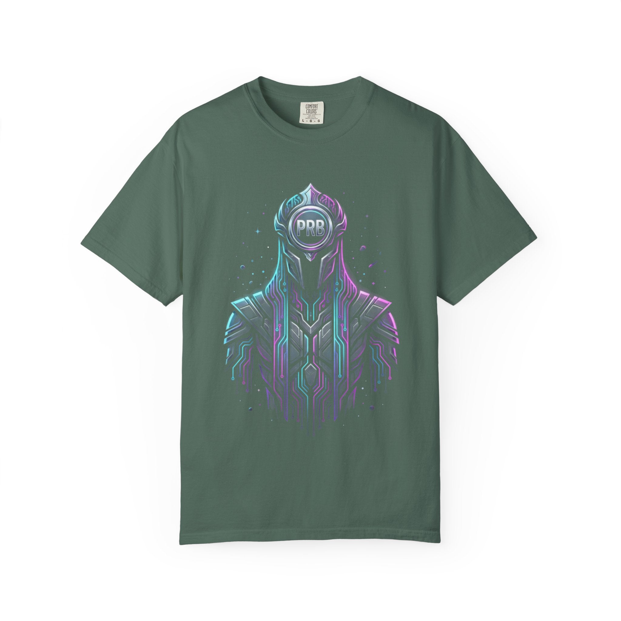 Printify PRB Machine‑Spirit Overlord 4K Futuristic Geometric Helmet T-Shirt | Neon Tech Line Art - T-Shirt