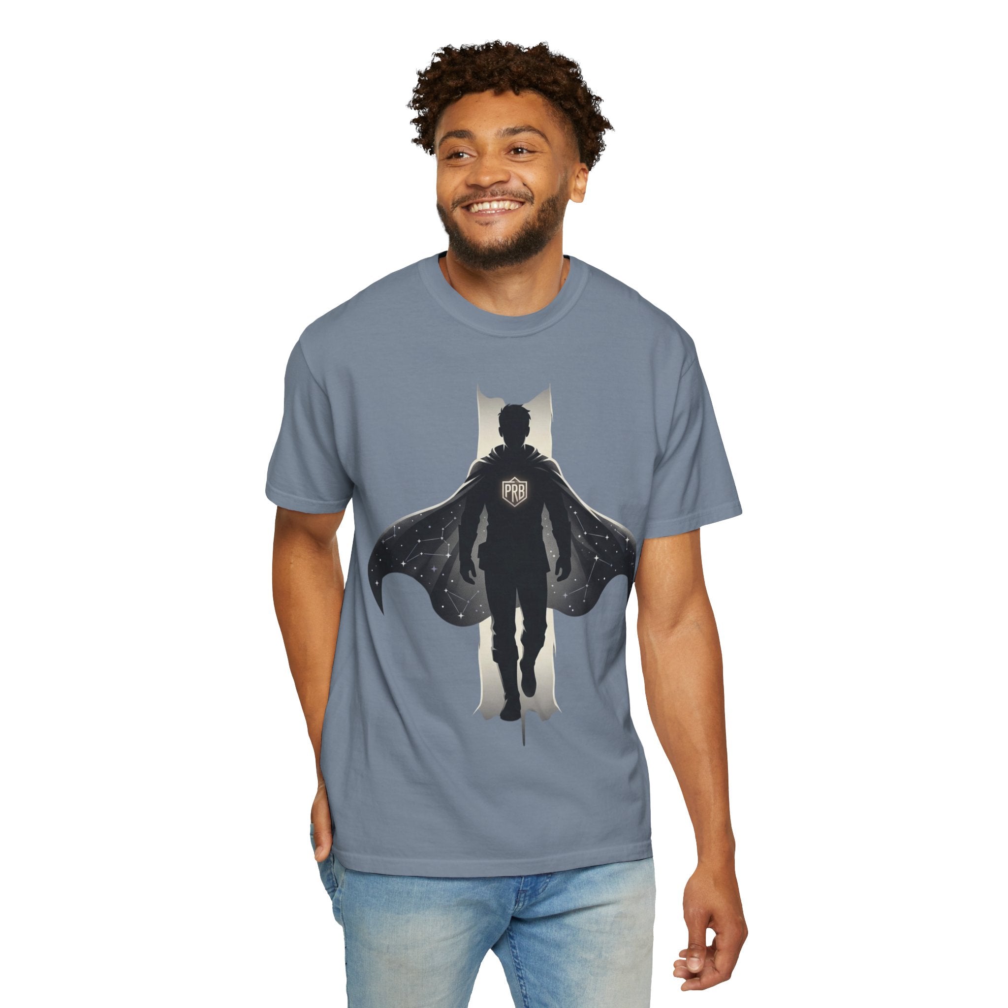 Power Runs Black Silhouette PRB Superhero with Cape T-shirt | Night Sky Emblem, Graphic Tee by Printify