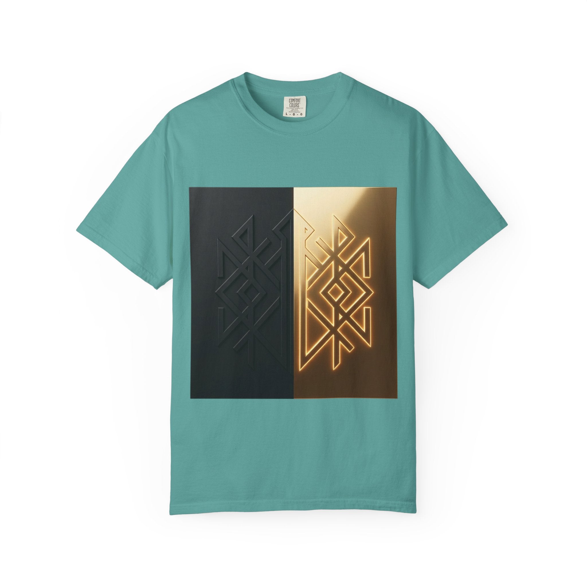 Power Runs Black PRB Geometric Split Glow T-Shirt — Black & Gold Tribal Diamond Graphic by Power Runs Black