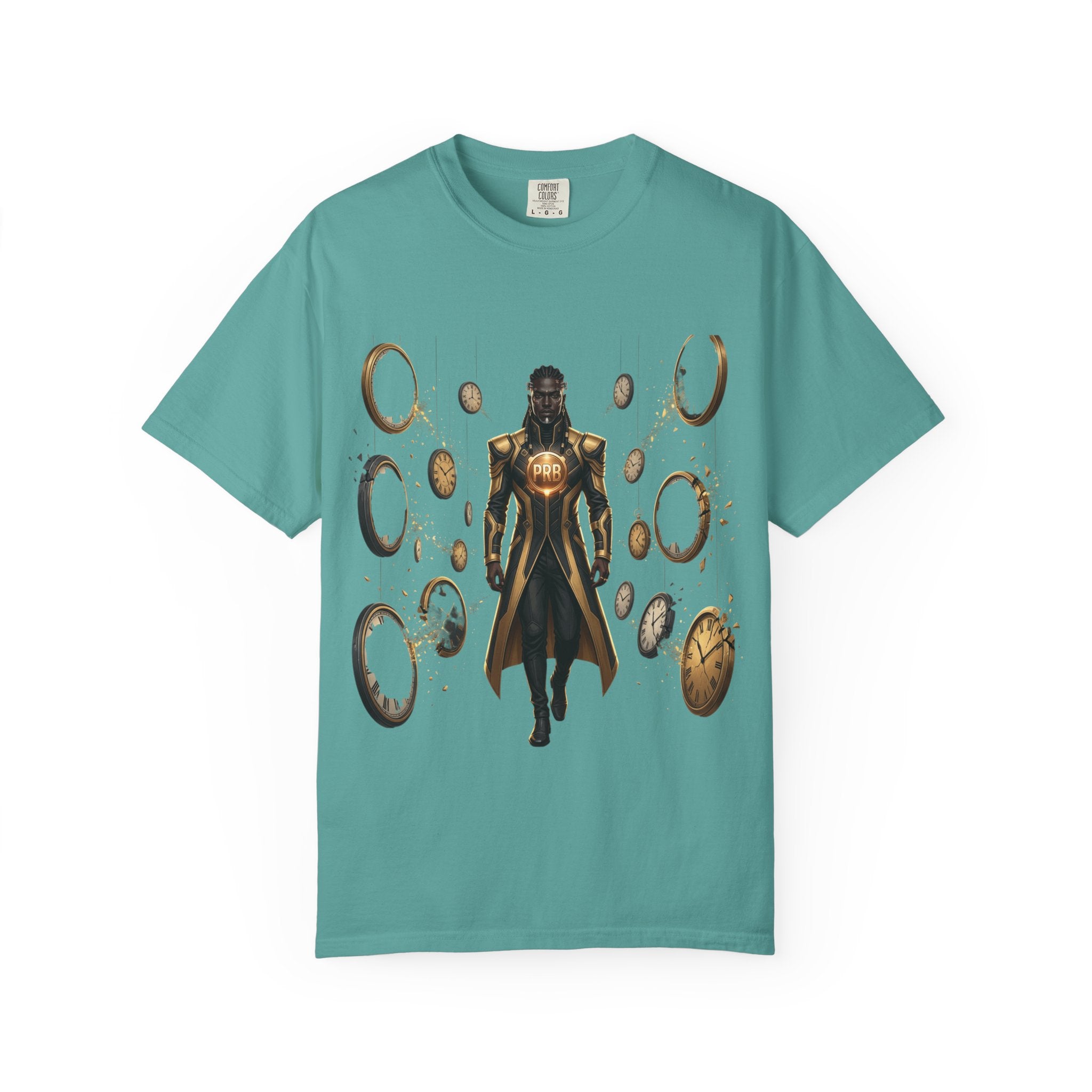 Printify PRB Time Mage Character Art T-Shirt | Floating Clocks, Fantasy Magic - T-Shirt