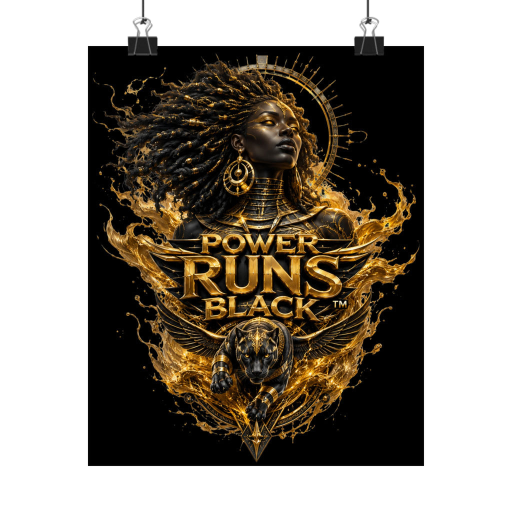 Power Runs Black Matte Poster — Afrocentric Gold Goddess Wall Art by Power Runs Black