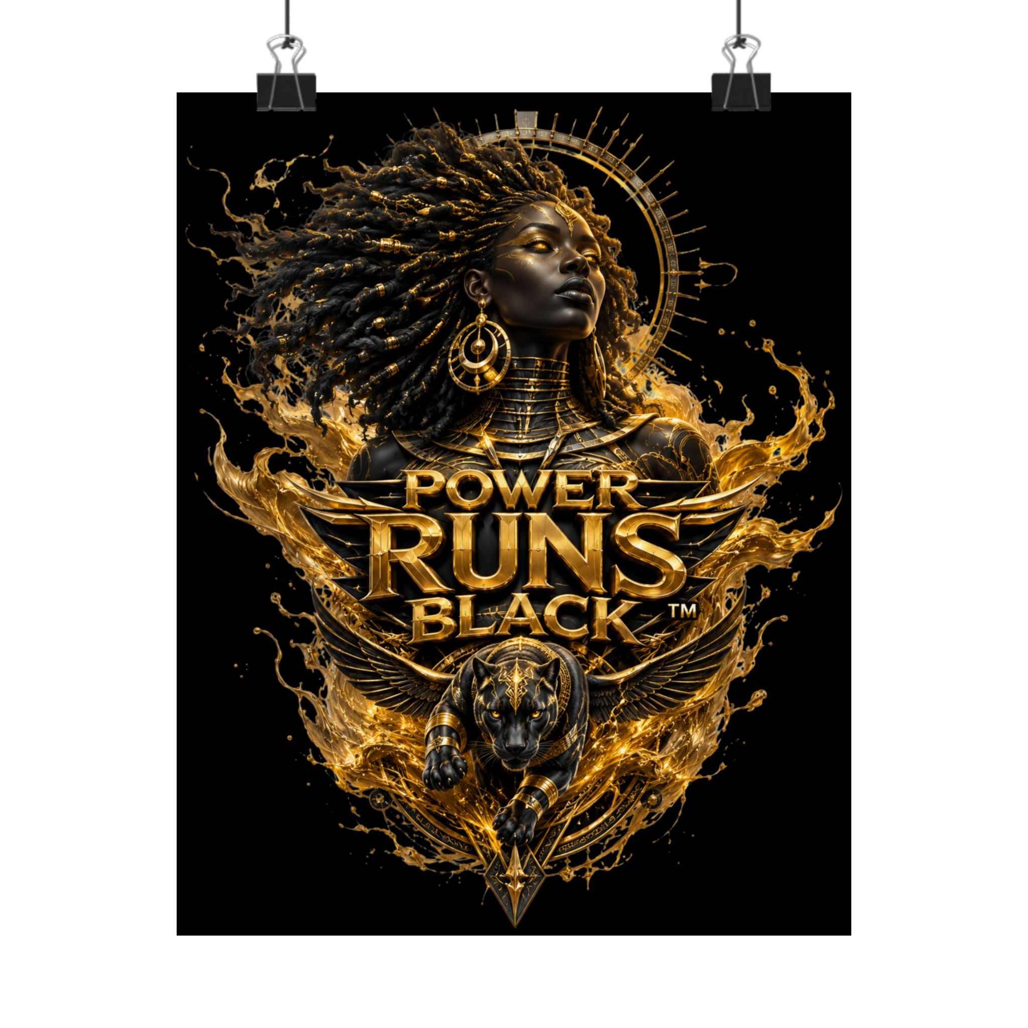 Power Runs Black Matte Poster — Afrocentric Gold Goddess Wall Art by Power Runs Black