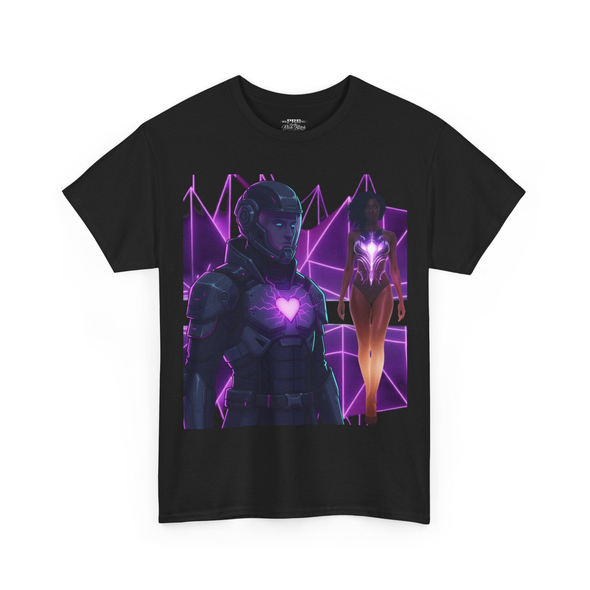Power Run Black PRB Pretty Rich Bitch The Collection Purple Heart Cyberpunk Knight T-Shirt | Futuristic Armor Sci‑Fi Tee by Printify