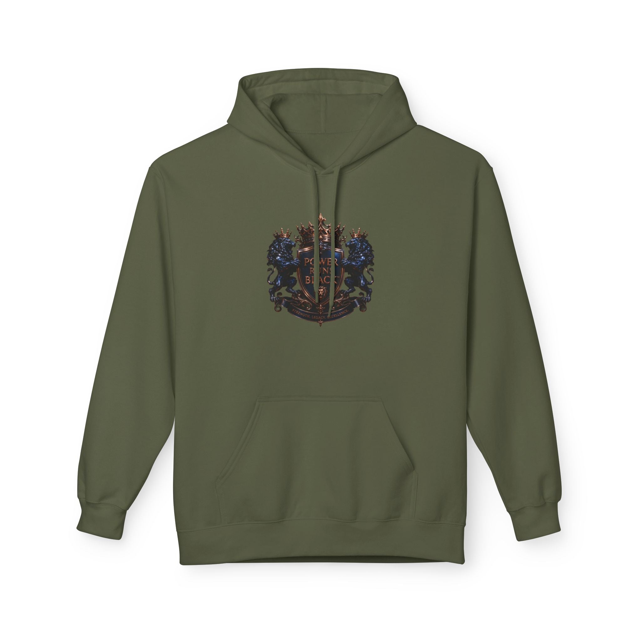 Power Runs Black crest hoodie | medieval shield with lions and wings by Power Runs Black