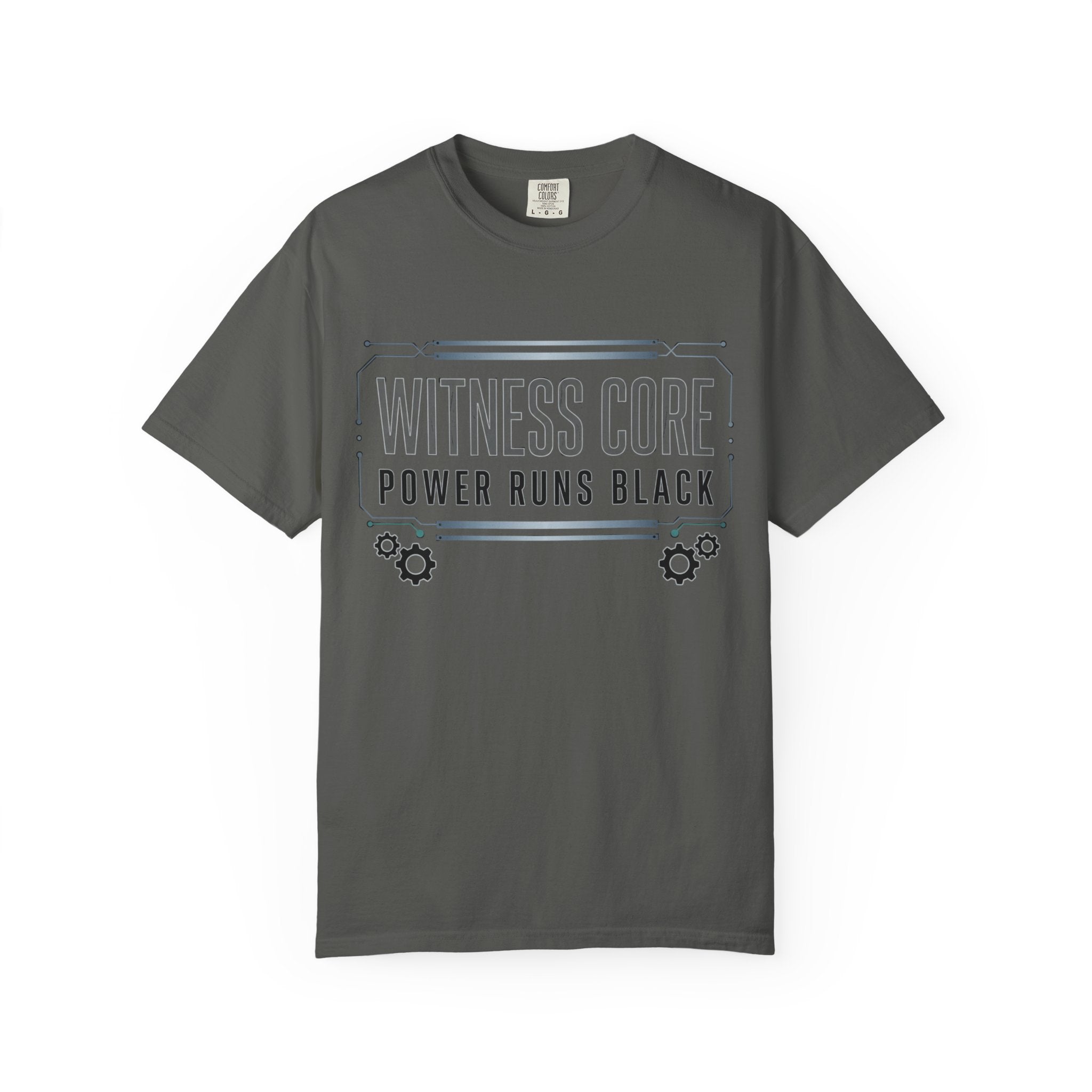 Printify PRB Witness Core Power Runs Black T-shirt | Tech Industrial Graphic Tee - T-Shirt
