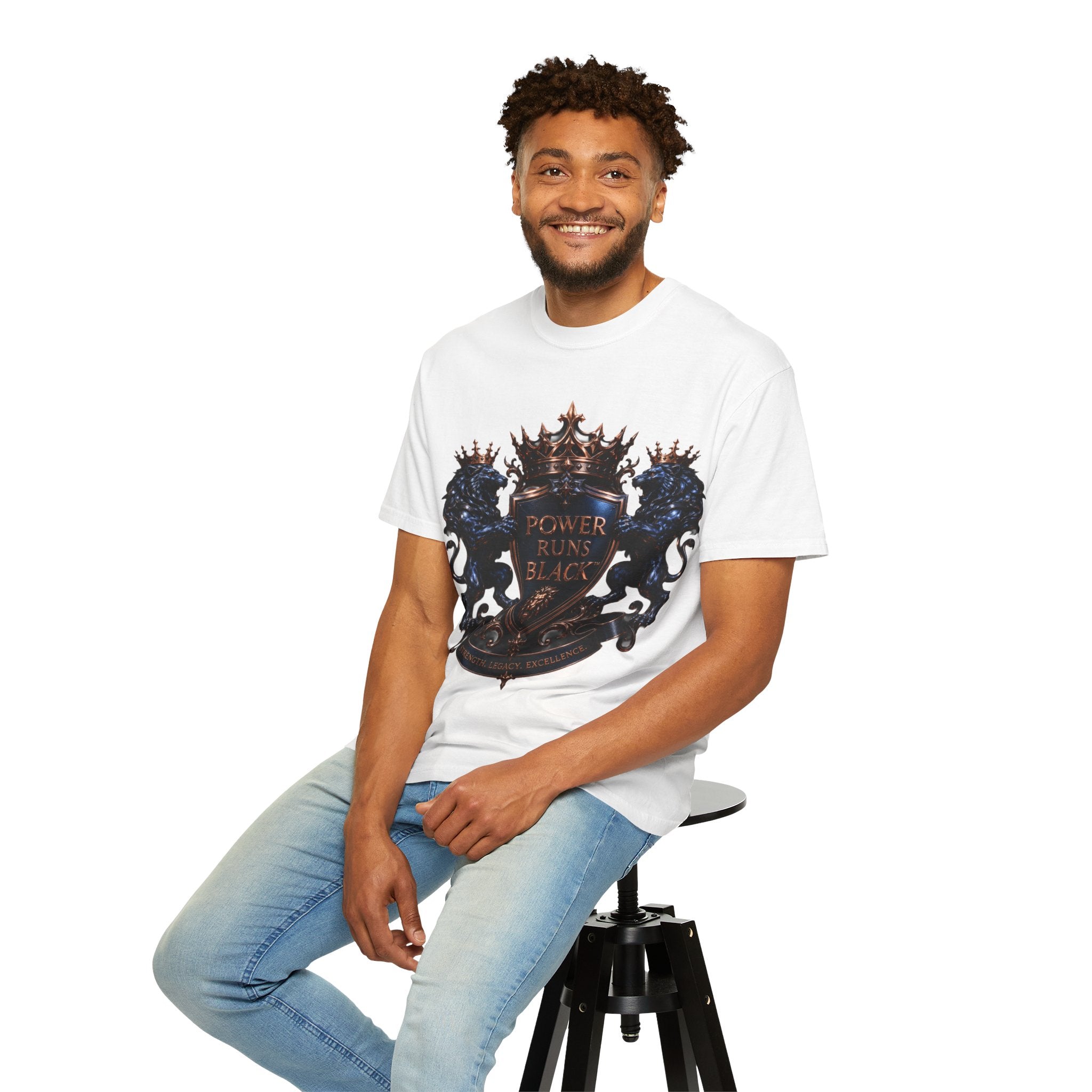 Power Runs Black Crest T-shirt | Heraldic Lion Shield Tee by Power Runs Black