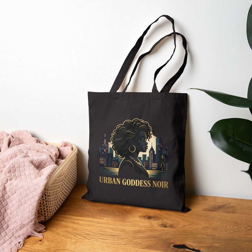 Power Runs Black PRB Urban Goddess Noir Cotton Tote Bag – City Skyline Afrocentric Eco Shopper by Power Runs Black