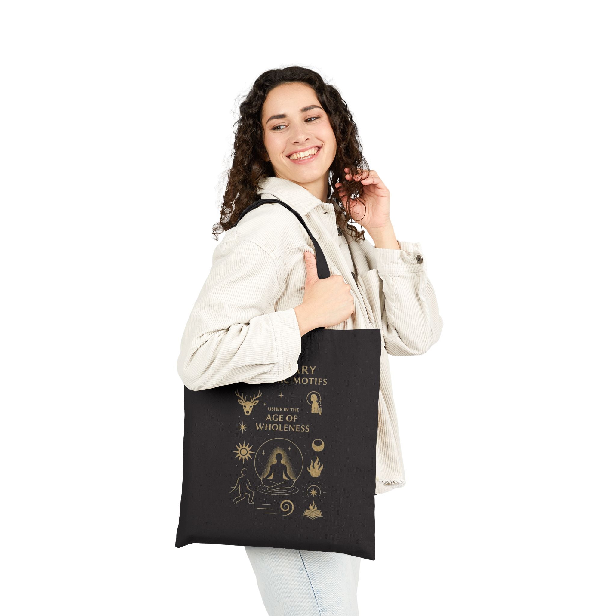 Visionary Shamanic Motifs Canvas Tote Bag — Spiritual Symbols Market Tote by Power Runs Black