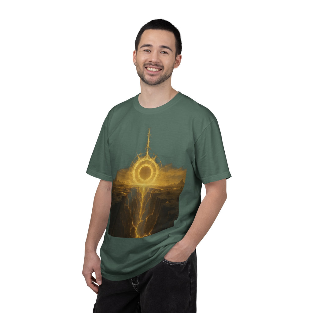 Power Runs Black PRB Golden Eclipse Portal T-shirt | Fantasy Landscape, Mystic Ring, Tower Art by Power Runs Black